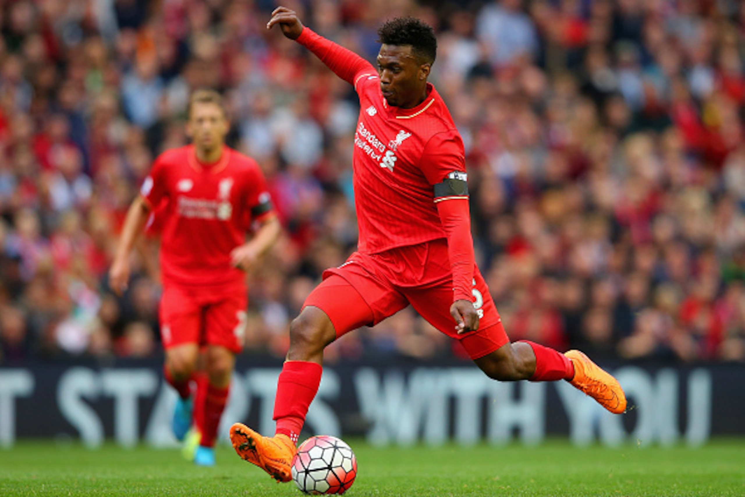 LIVERPOOL, ENGLAND - SEPTEMBER 20: Daniel Sturridge of Liverpool in action during the Barclays Premier League match between Liverpool and Norwich City at Anfield on September 20, 2015 in Liverpool, United Kingdom.  (Photo by Alex Livesey/Getty Images)