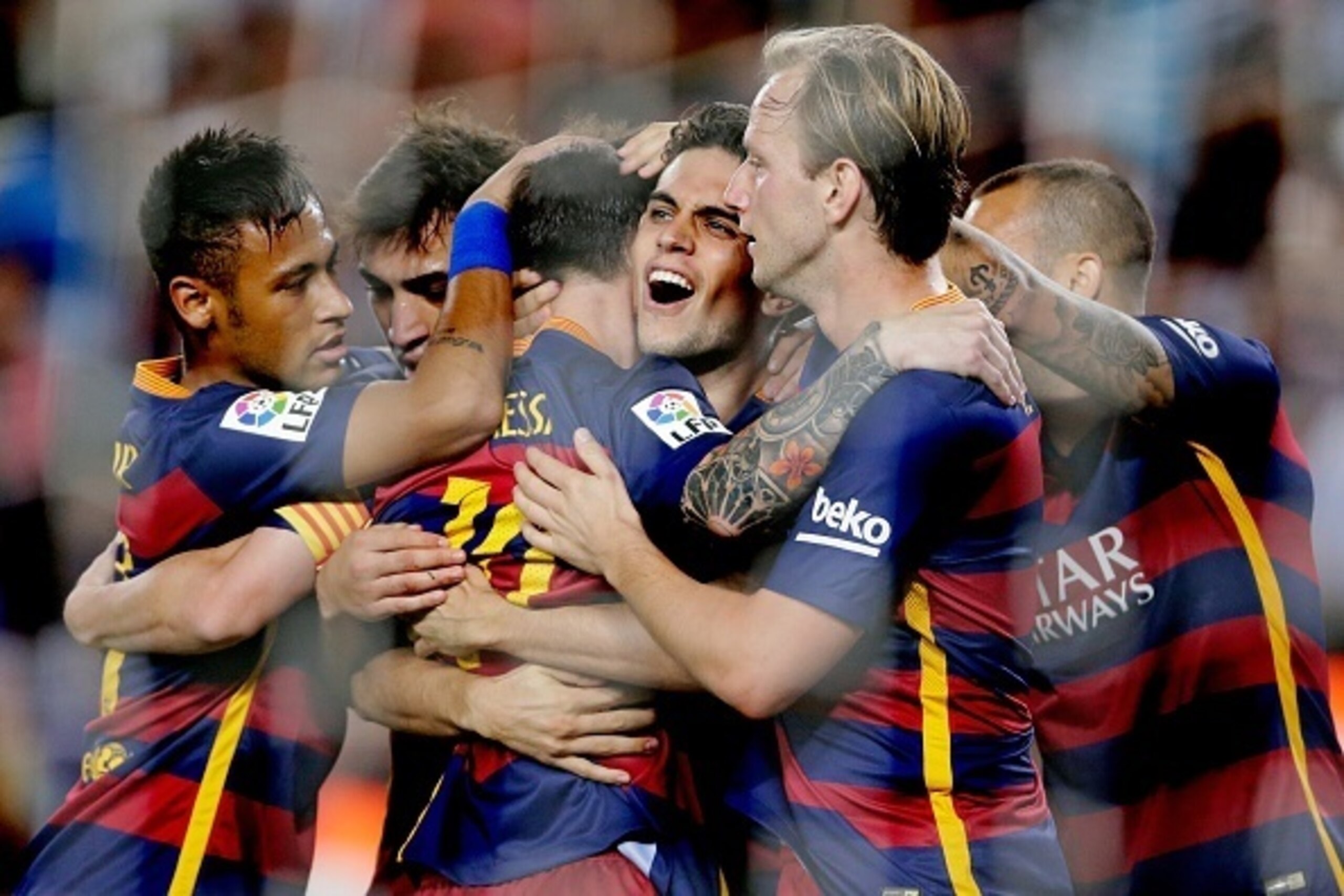(L-R) Neymar da Silva Santos Junior of FC Barcelona, Munir El Haddadi of FC Barcelona, Lionel Messi of FC Barcelona, Marc Bartra of FC Barcelona, Ivan Rakitic of FC Barcelona during the Primera Division match between FC Barcelona and Levante UD on Septemb
