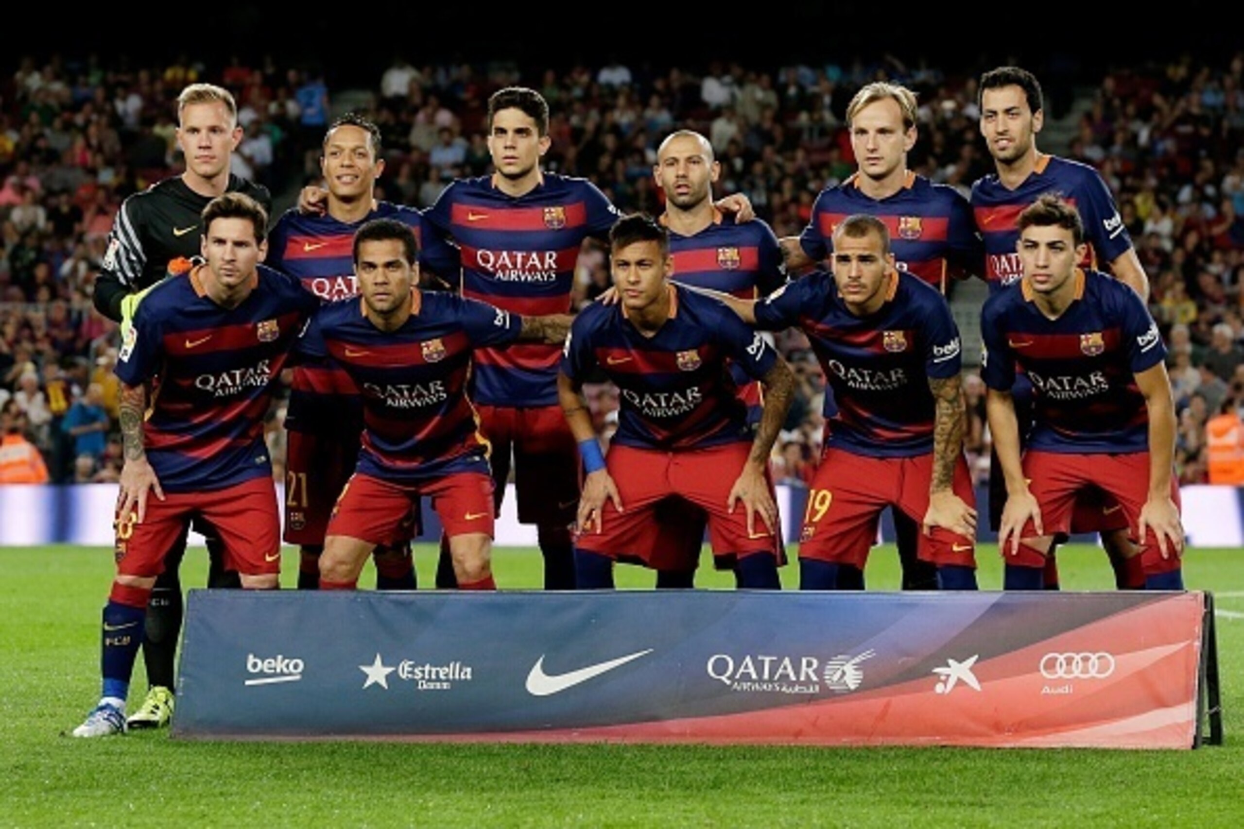 Team Photo FC Barcelona
Top Row (L-R) 
Marc Andre Ter Stegen of FC Barcelona, Adriano Correia Claro of FC Barcelona, Marc Bartra of FC Barcelona, Javier Mascherano of FC Barcelona, Ivan Rakitic of FC Barcelona, Sergio Busquets of FC Barcelona

Front Row (