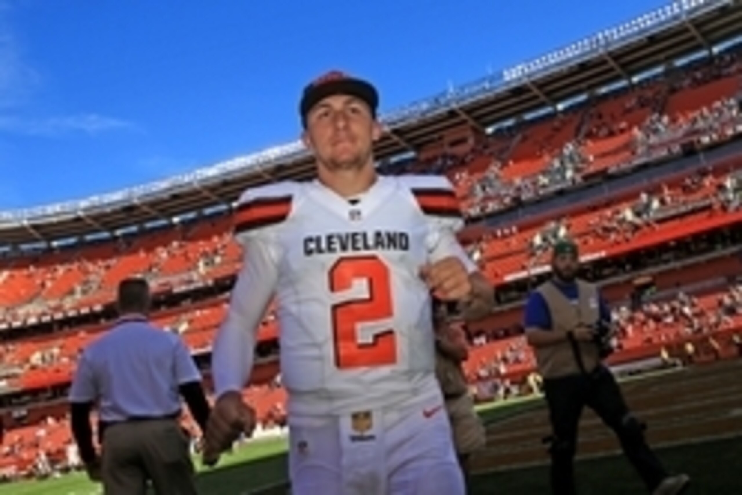Sep 20, 2015; Cleveland, OH, USA; Cleveland Browns quarterback Johnny Manziel (2) walks off the field after defeating the Tennessee Titans 28-14 at FirstEnergy Stadium. Mandatory Credit: Andrew Weber-USA TODAY Sports