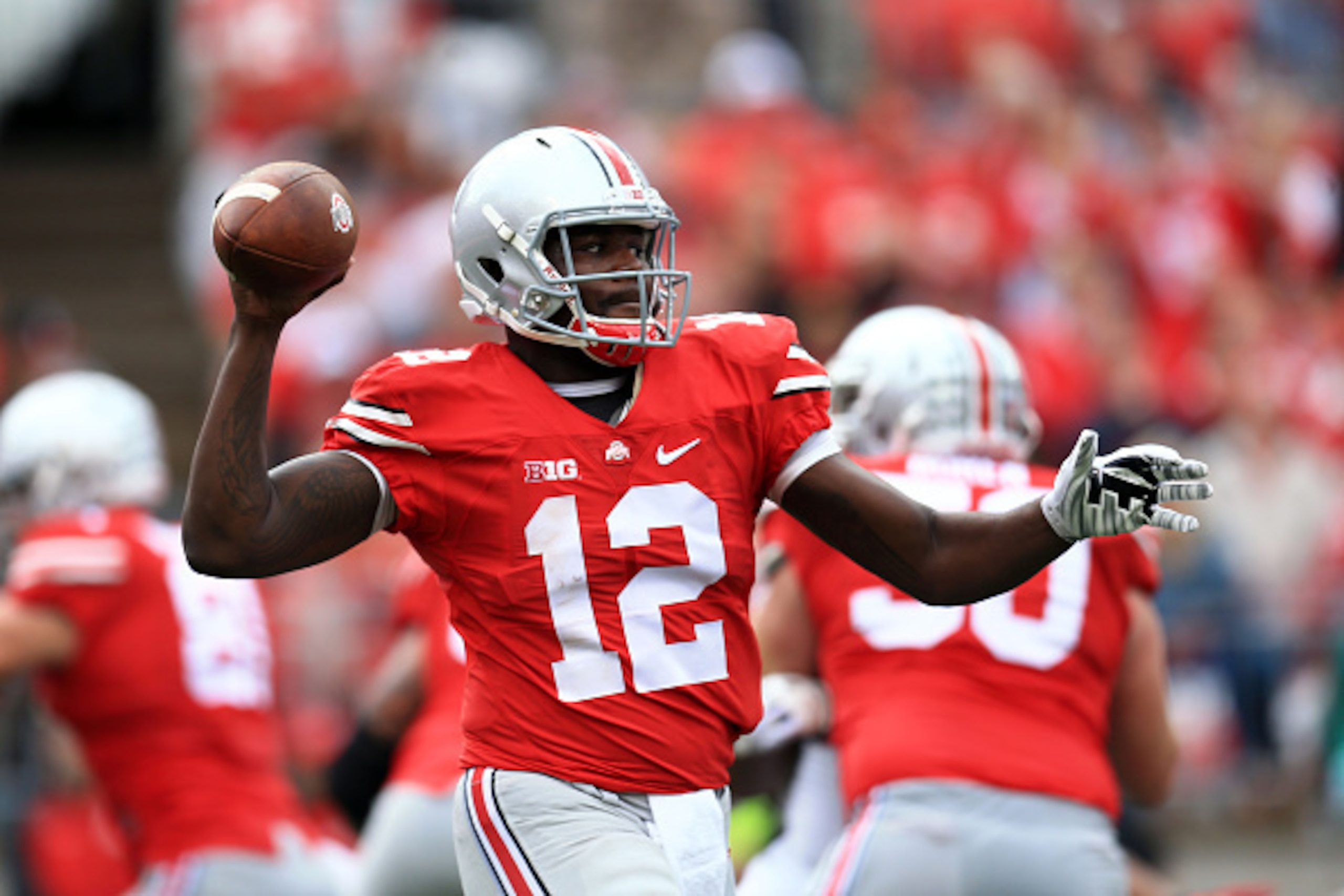 COLUMBUS, OH - SEPTEMBER 19: Quarterback Cardale Jones #12 of the Ohio State Buckeyes throws a pass in the second quarter against the Northern Illinois Huskies at Ohio Stadium on September 19, 2015 in Columbus, Ohio.  (Photo by Andrew Weber/Getty Images)