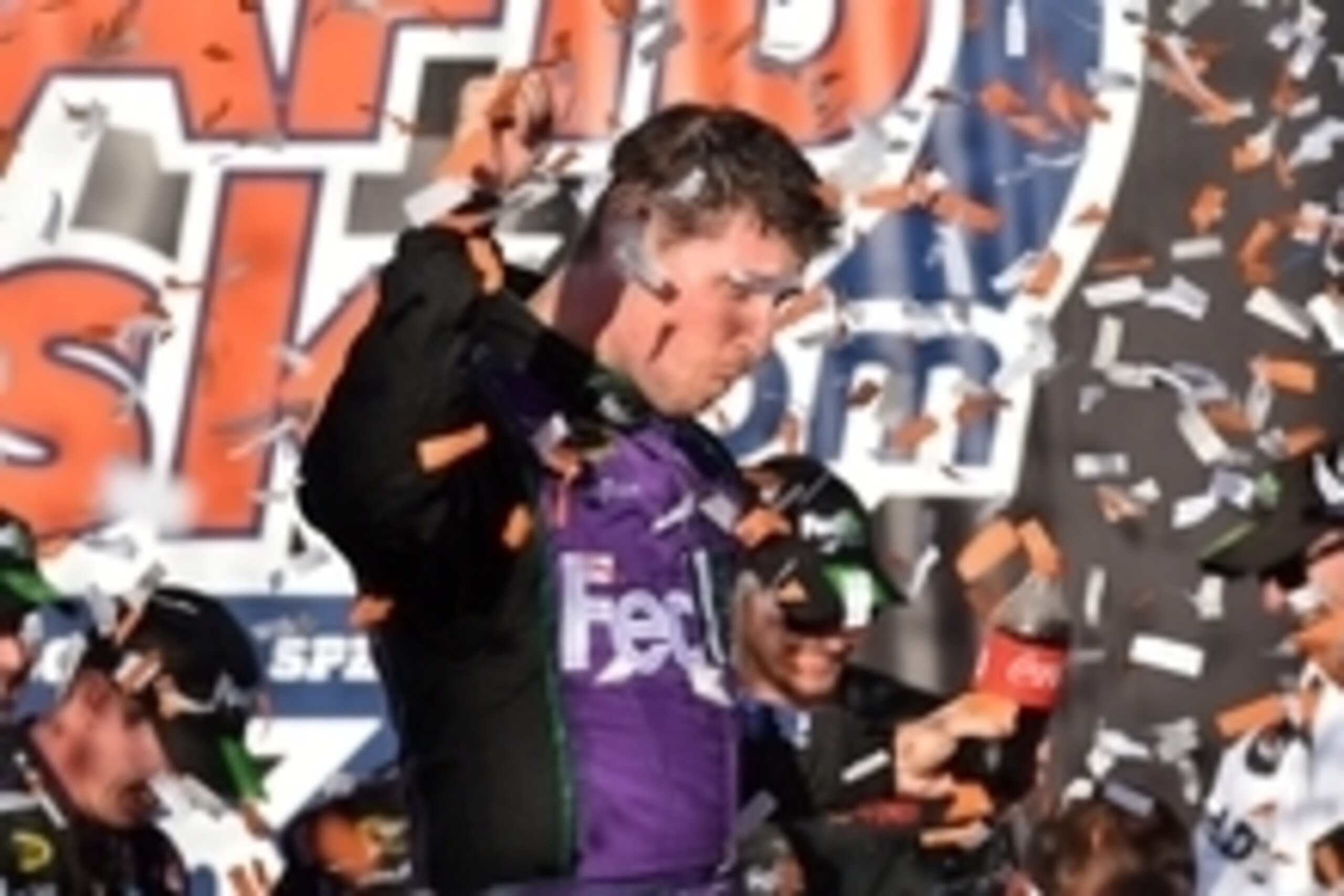 Sep 20, 2015; Joliet, IL, USA; NASCAR Sprint Cup Series driver Denny Hamlin celebrates in victory lane after winning the MyAFibRisk.com 400 at Chicagoland Speedway. Mandatory Credit: Jasen Vinlove-USA TODAY Sports Sep 20, 2015; Joliet, IL, USA; NASCAR Sprint Cup Series driver Denny Hamlin celebrates in victory lane after winning the MyAFibRisk.com 400 at Chicagoland Speedway. Mandatory Credit: Jasen Vinlove-USA TODAY Sports