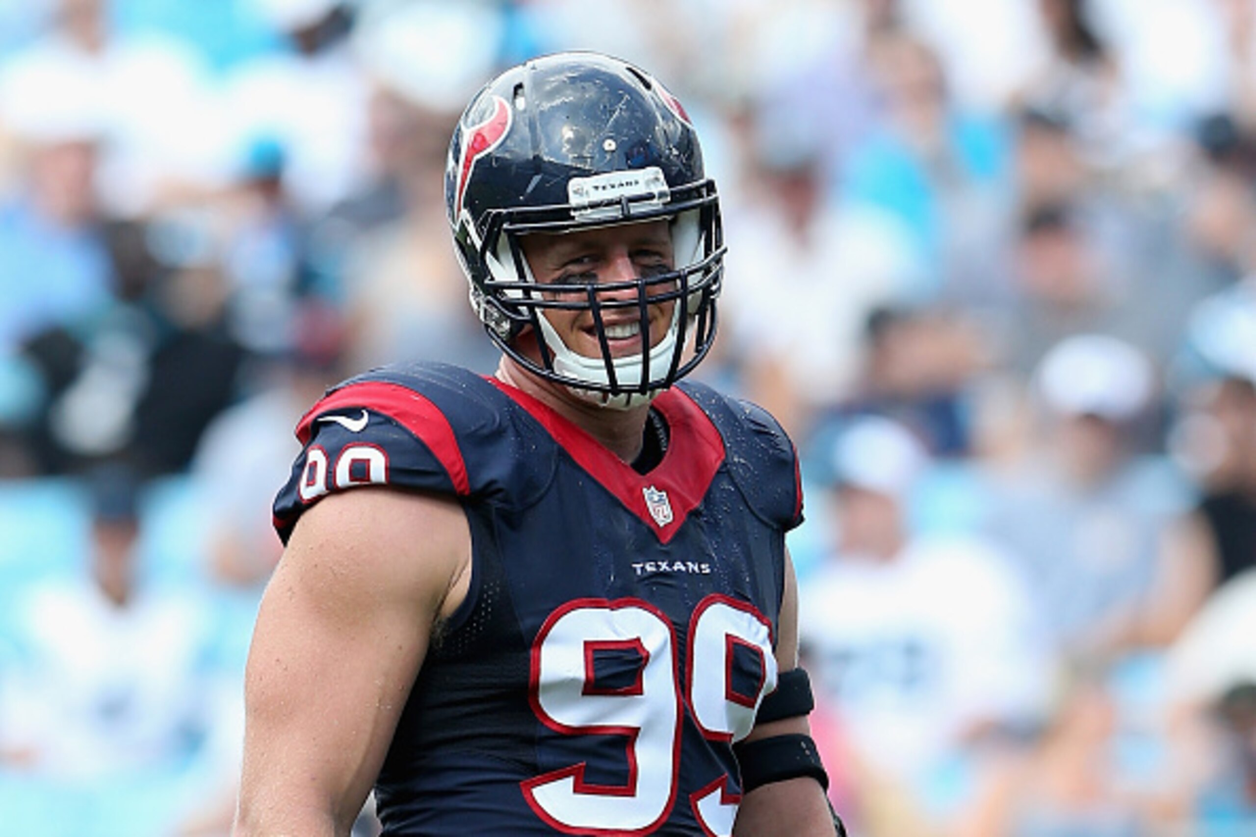 CHARLOTTE, NC - SEPTEMBER 20:  J.J. Watt #99 of the Houston Texans looks to the sideline in the second half against the Carolina Panthers during their game at Bank of America Stadium on September 20, 2015 in Charlotte, North Carolina.  (Photo by Streeter 