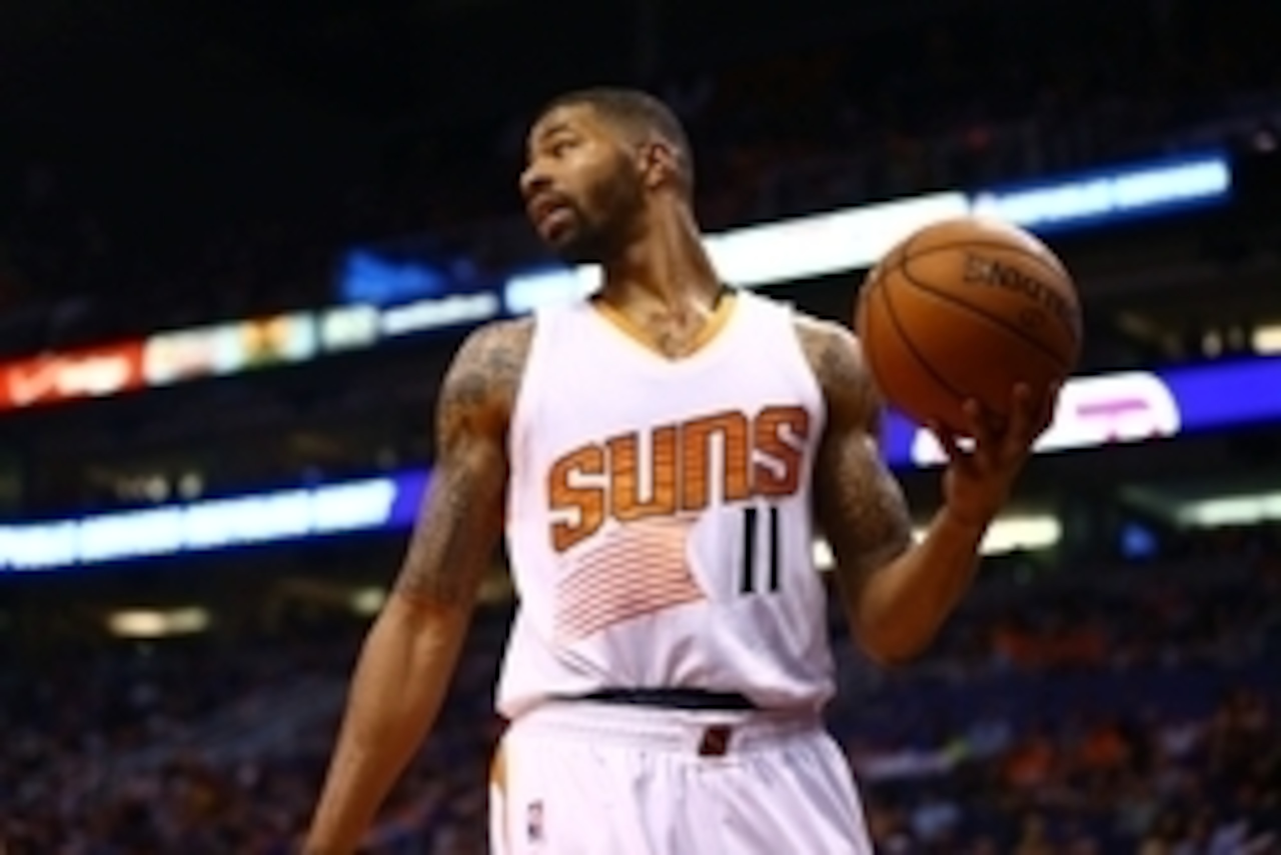 Mar 22, 2015; Phoenix, AZ, USA; Phoenix Suns forward Markieff Morris (11) against the Dallas Mavericks at US Airways Center. The Suns defeated the Mavericks 98-92. Mandatory Credit: Mark J. Rebilas-USA TODAY Sports