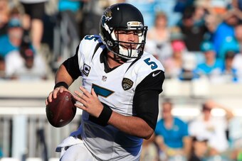 JACKSONVILLE, FL - SEPTEMBER 20:  Blake Bortles #5 of the Jacksonville Jaguars scrambles for yardge during the game against the Miami Dolphins at EverBank Field on September 20, 2015 in Jacksonville, Florida.  (Photo by Sam Greenwood/Getty Images)