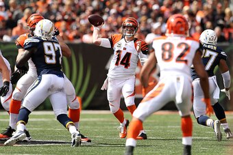 CINCINNATI, OH - SEPTEMBER 20:  Andy Dalton #14 of the Cincinnati Bengals looks to throw the ball to Marvin Jones #82 of the Cincinnati Bengals during the third quarter of the game against the San Diego Chargers at Paul Brown Stadium on September 20, 2015