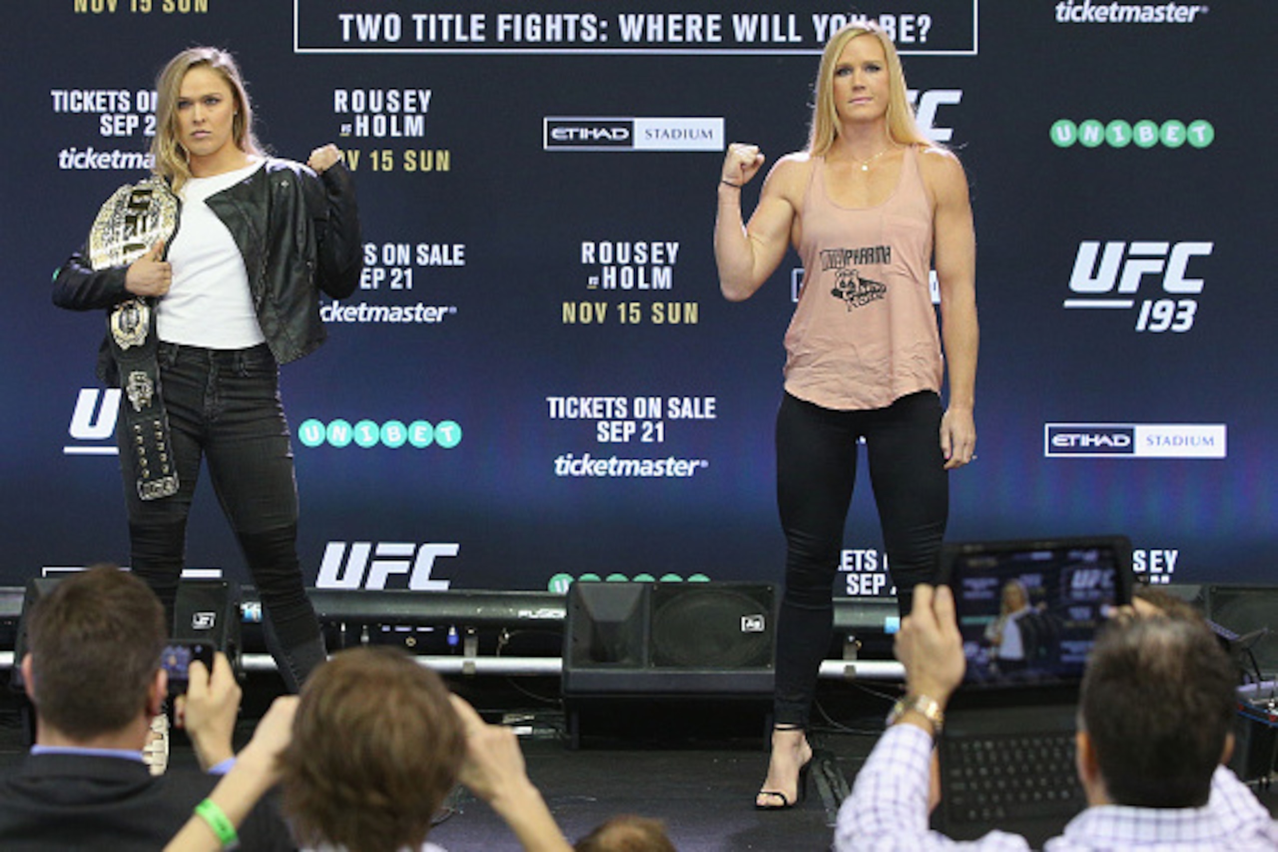 MELBOURNE, AUSTRALIA - SEPTEMBER 16:  UFC Women's Bantamweight Champion Ronda Rousey (L) and her opponent Holly Holm pose during the UFC 193 media event at Etihad Stadium on September 16, 2015 in Melbourne, Australia.  (Photo by Michael Dodge/Zuffa LLC/Zu