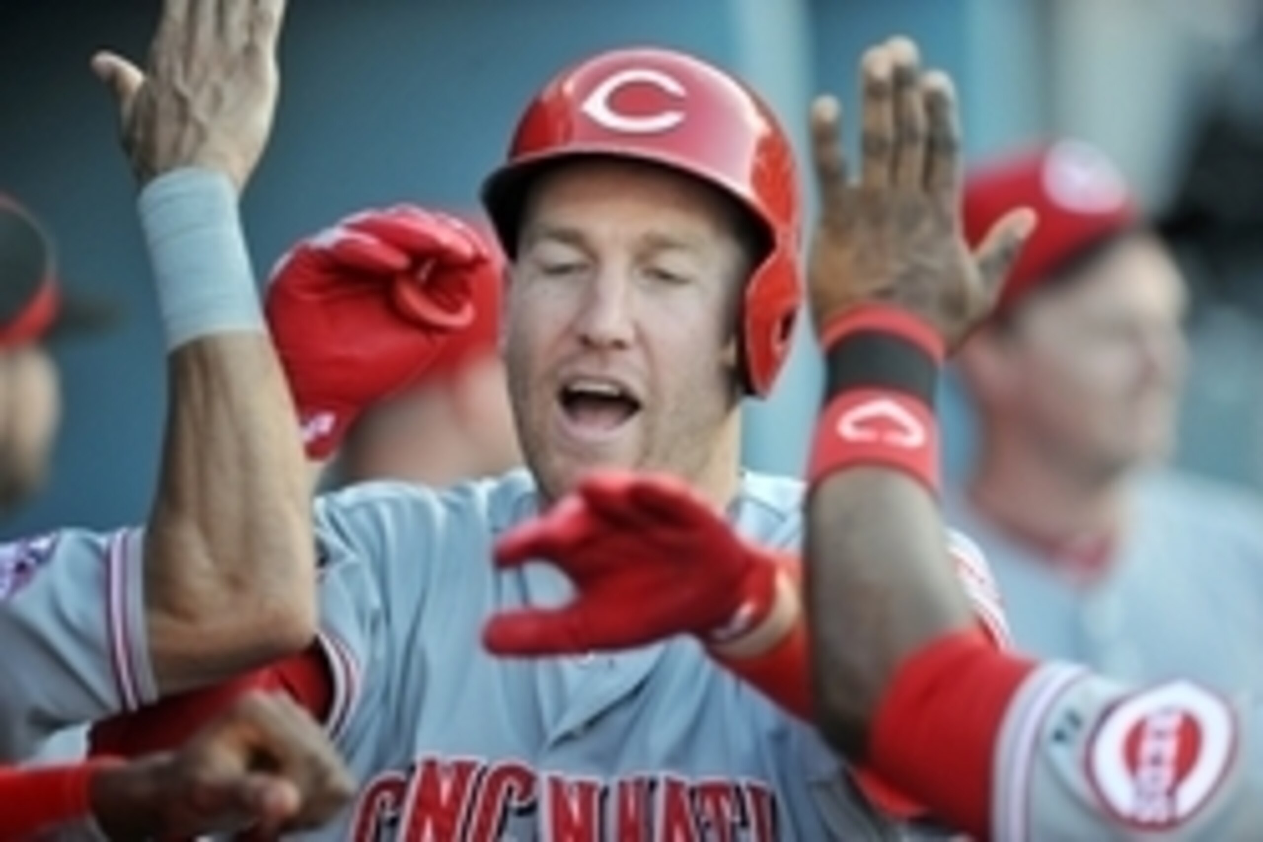 August 15, 2015; Los Angeles, CA, USA; Cincinnati Reds third baseman Todd Frazier (21) celebrates after he hits a two run home run in the first inning against the Los Angeles Dodgers at Dodger Stadium. Mandatory Credit: Gary A. Vasquez-USA TODAY Sports