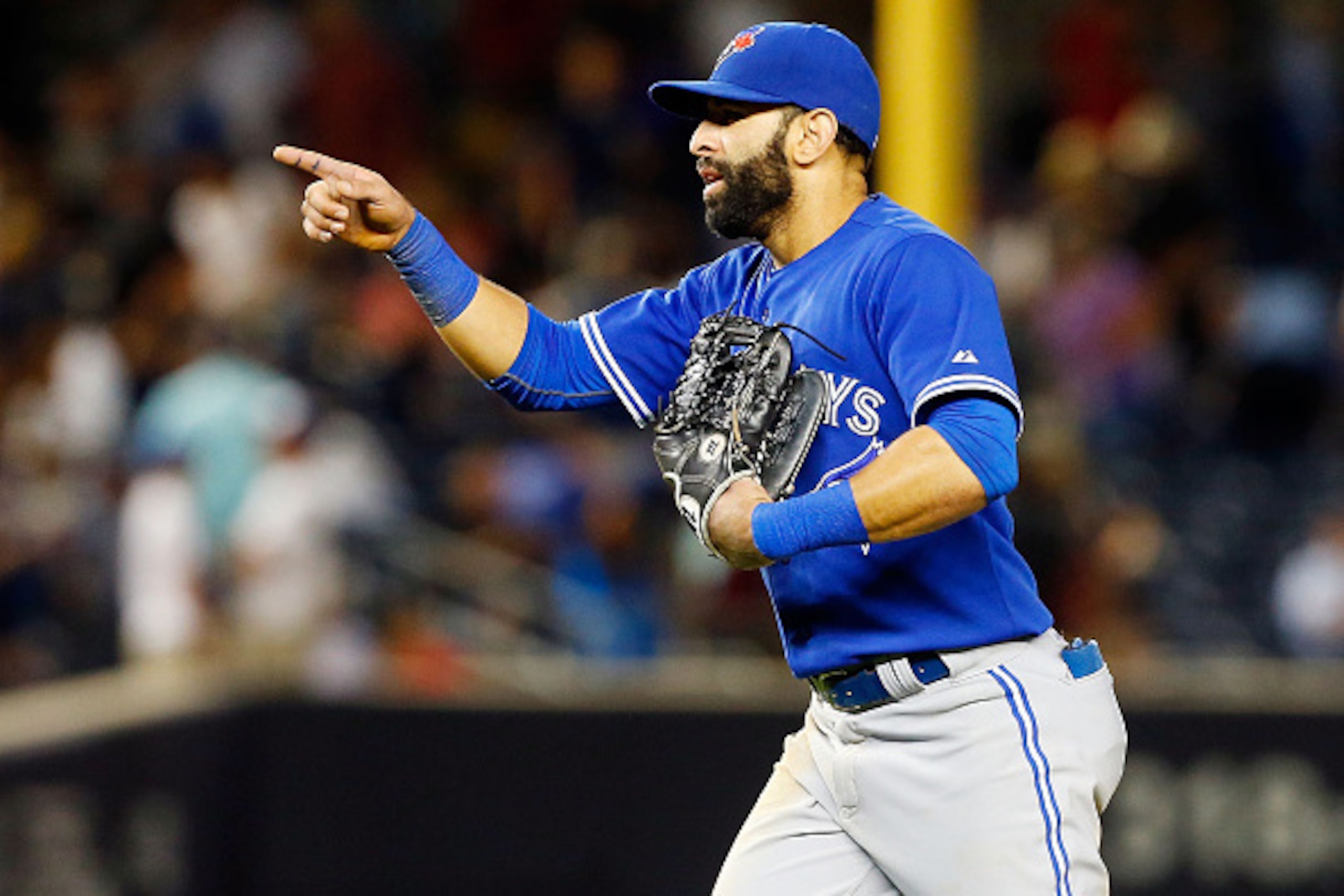NEW YORK, NY - AUGUST 07:  Jose Bautista #19 of the Toronto Blue Jays in action against the New York Yankees at Yankee Stadium on August 7, 2015 in the Bronx borough of New York City. The Blue Jays defeated the Yankees 2-1 after ten innings.  (Photo by Ji