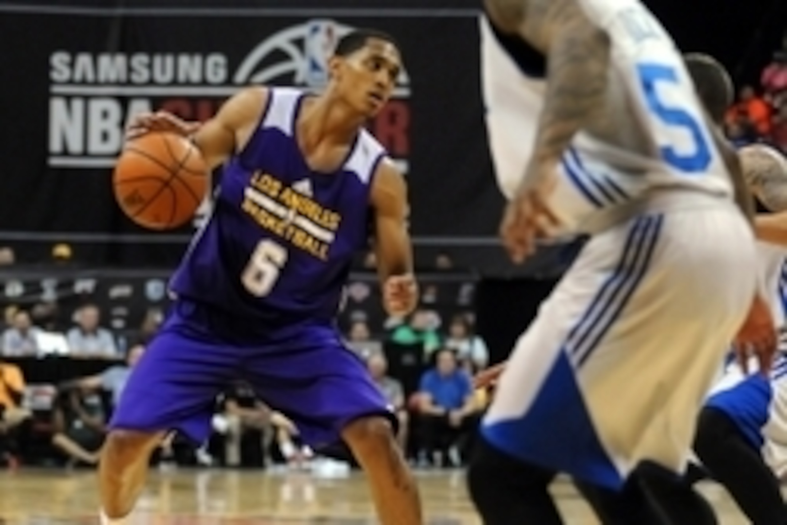 Jul 11, 2015; Las Vegas, NV, USA; Los Angeles Lakers guard Jordan Clarkson (6) changes direction while dribbling the ball during an NBA Summer League game against the Philadelphia 76ers at Thomas & Mack Center. The Lakers won 68-60. Mandatory Credit: Step