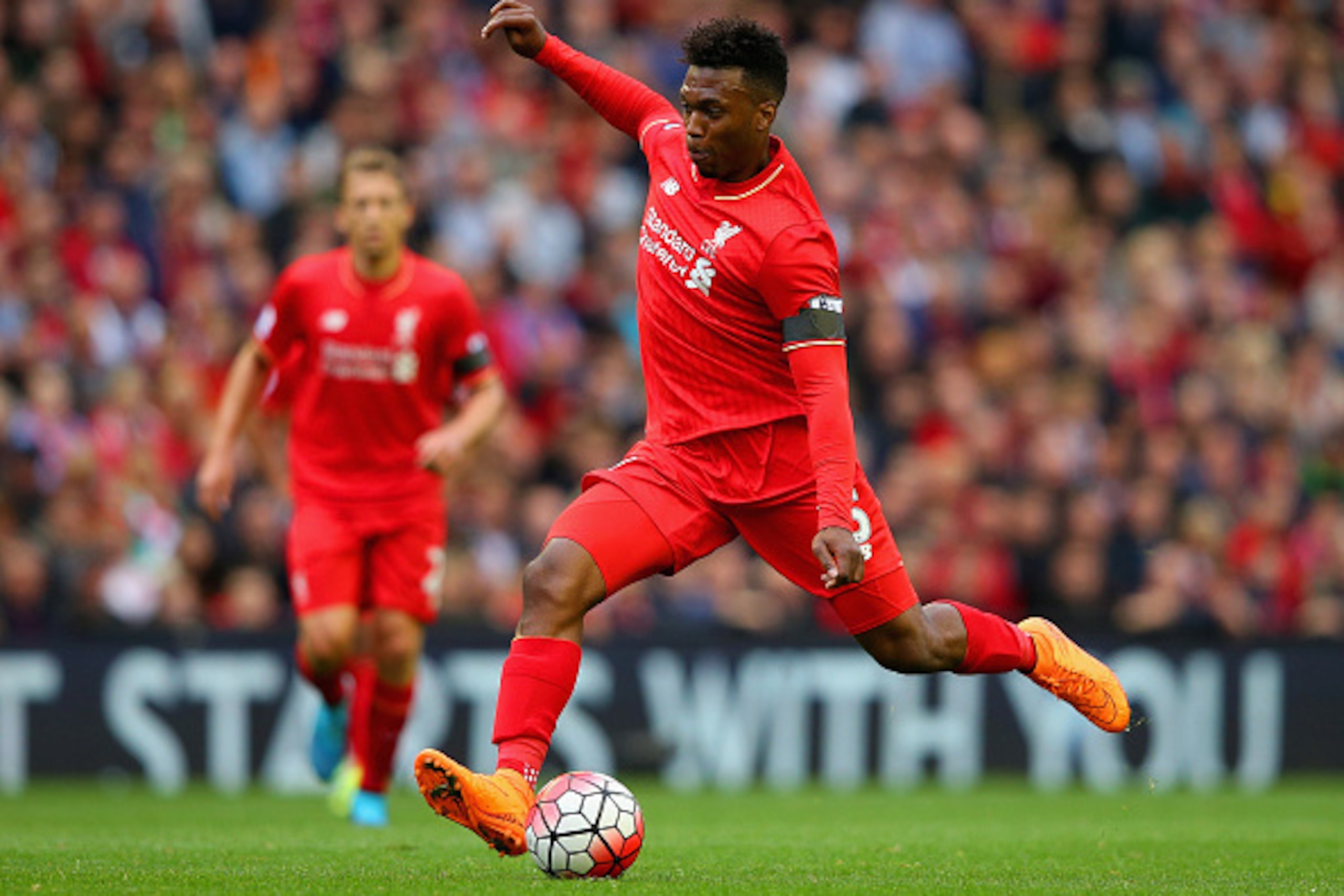 LIVERPOOL, ENGLAND - SEPTEMBER 20: Daniel Sturridge of Liverpool in action during the Barclays Premier League match between Liverpool and Norwich City at Anfield on September 20, 2015 in Liverpool, United Kingdom.  (Photo by Alex Livesey/Getty Images)