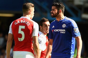 LONDON, ENGLAND - SEPTEMBER 19:  Diego Costa of Chelsea and Gabriel of Arsenal argue during the Barclays Premier League match between Chelsea and Arsenal at Stamford Bridge on September 19, 2015 in London, United Kingdom.  (Photo by Ross Kinnaird/Getty Im