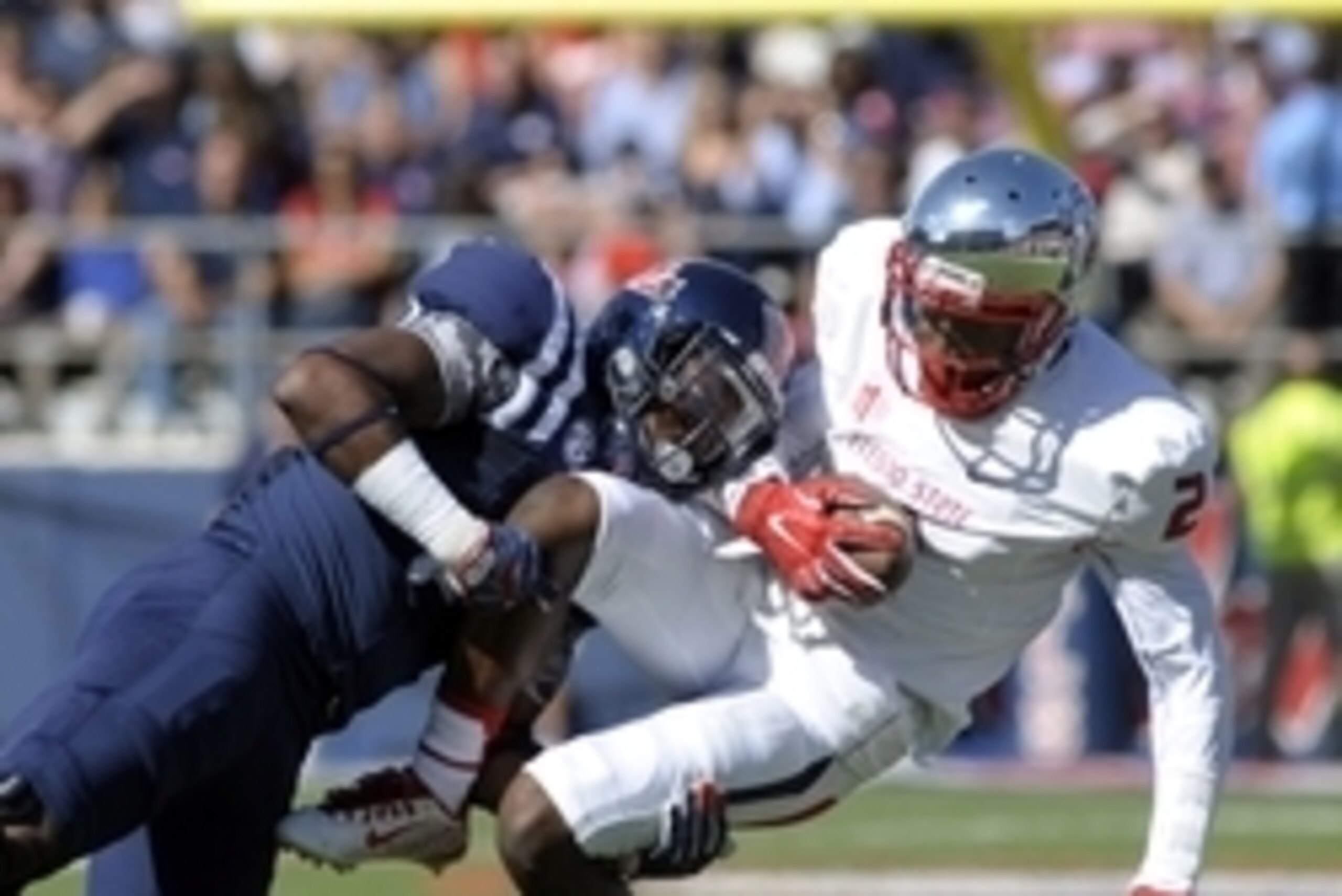 Sep 12, 2015; Oxford, MS, USA; Mississippi Rebels defensive back Tony Conner (12) tackles Fresno State Bulldogs wide receiver Jamire Jordan (2) during the game at Vaught-Hemingway Stadium. Mandatory Credit: Justin Ford-USA TODAY Sports