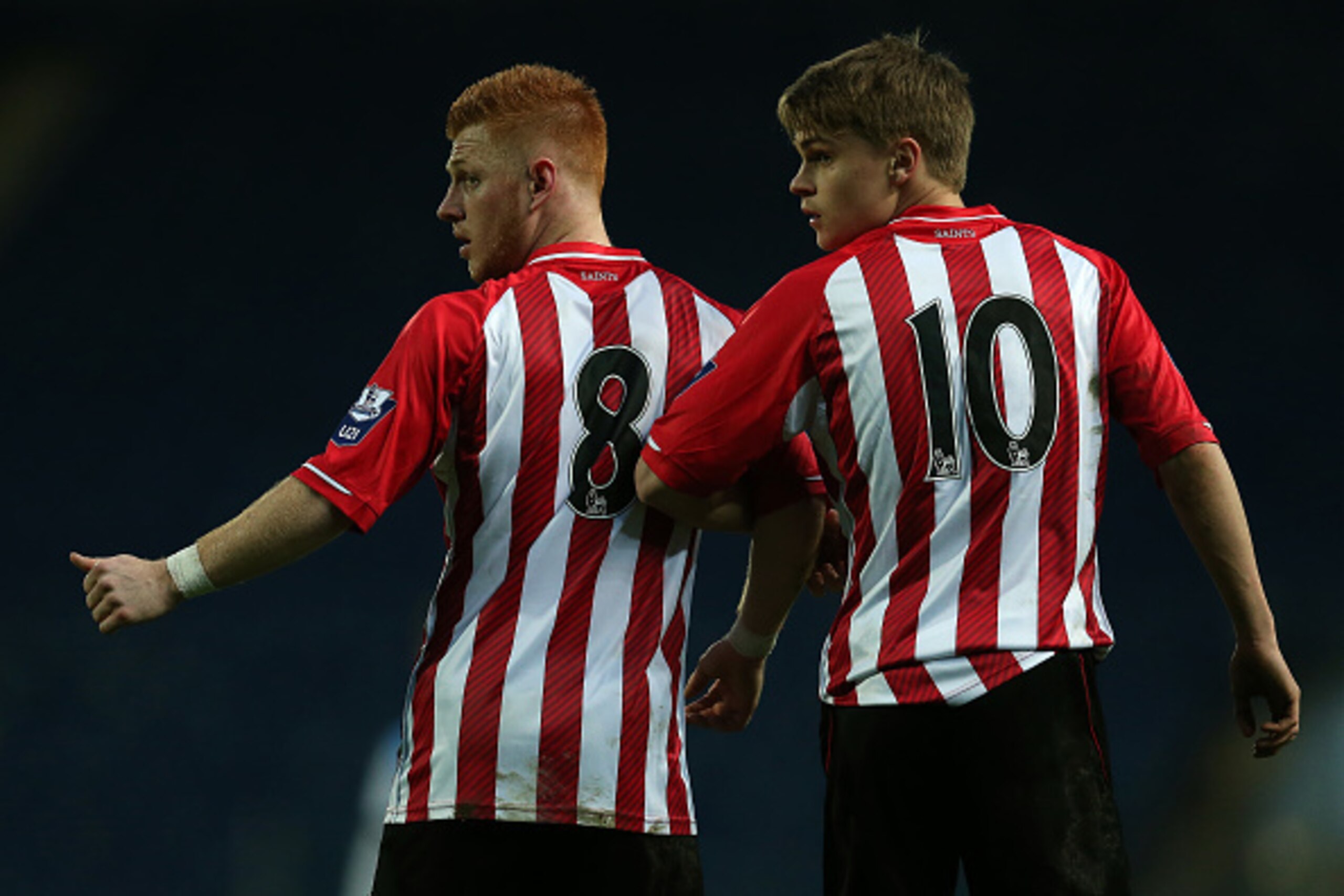 BLACKBURN, ENGLAND - APRIL 13: Harry Reed (L) and Jake Hesketh of Southampton line up in a defensive wall during the Under 21 Premier League Cup Final First Leg match between Blackburn Rovers and Southampton at Ewood Park on April 13, 2015 in Blackburn, E