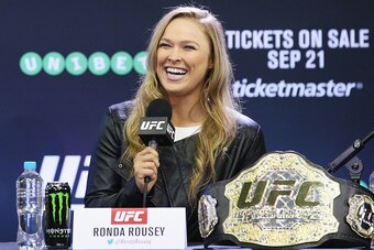 MELBOURNE, AUSTRALIA - SEPTEMBER 16:  Ronda Rousey, UFC Women's Bantamweight Champion, reacts during the UFC 193 media event at Etihad Stadium on September 16, 2015 in Melbourne, Australia.  (Photo by Michael Dodge/Zuffa LLC/Zuffa LLC via Getty Images)