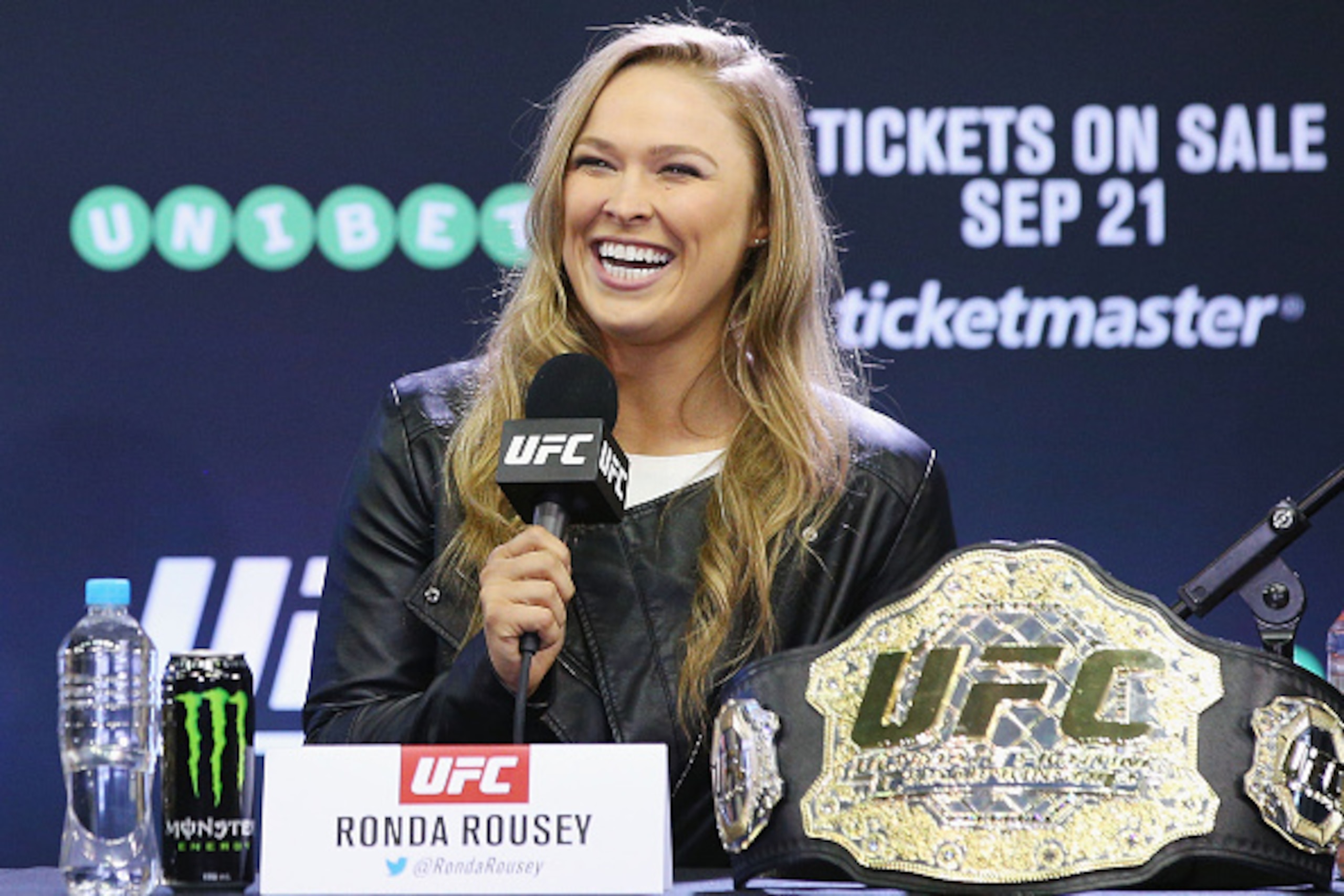 MELBOURNE, AUSTRALIA - SEPTEMBER 16:  Ronda Rousey, UFC Women's Bantamweight Champion, reacts during the UFC 193 media event at Etihad Stadium on September 16, 2015 in Melbourne, Australia.  (Photo by Michael Dodge/Zuffa LLC/Zuffa LLC via Getty Images)