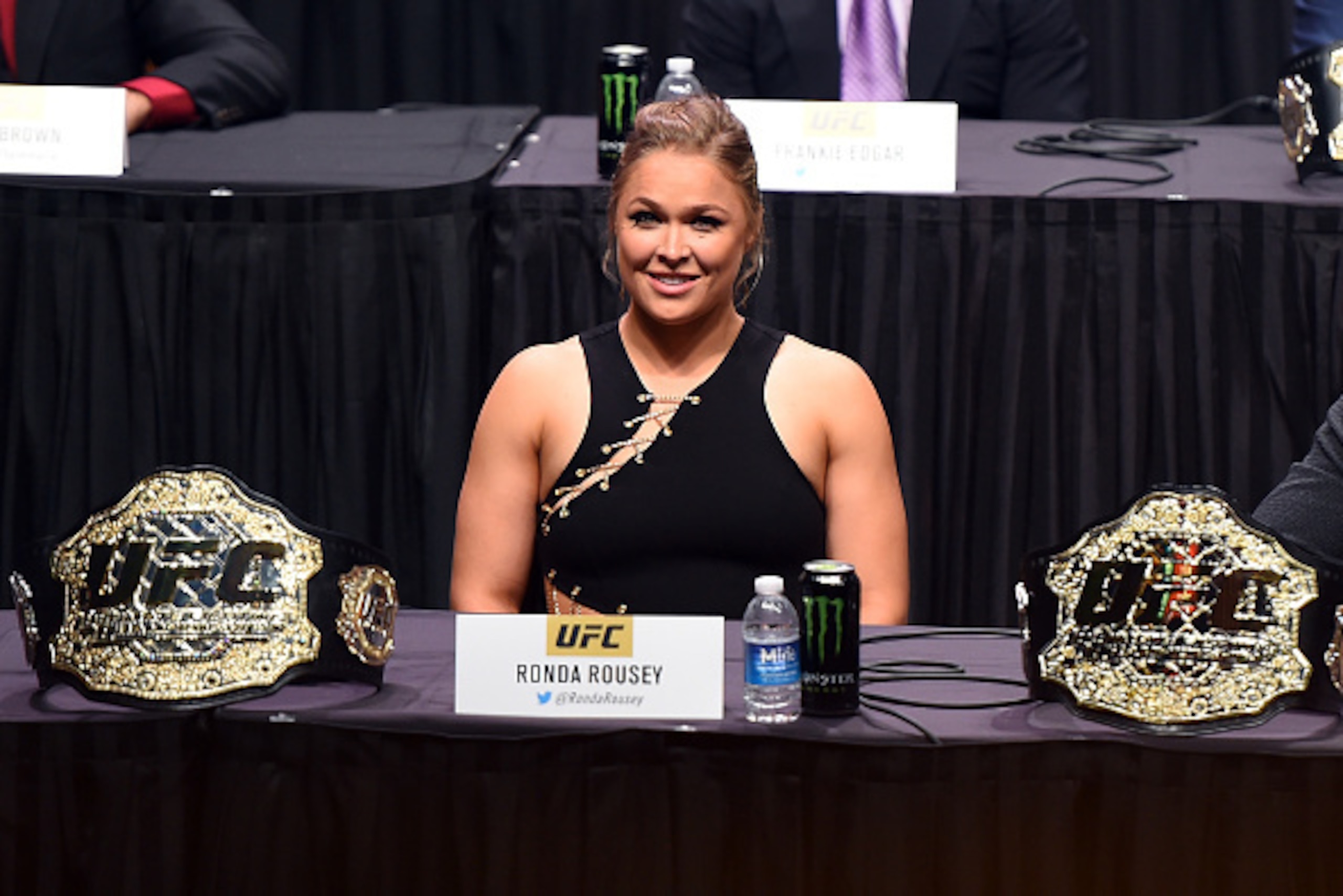 LAS VEGAS, NEVADA - SEPTEMBER 04:  UFC women's bantamweight champion Ronda 'Rowdy' Rousey interacts with media during the UFC's Go Big launch event inside MGM Grand Garden Arena on September 4, 2015 in Las Vegas, Nevada. (Photo by Jeff Bottari/Zuffa LLC/Z