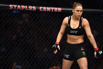 LOS ANGELES, CA - FEBRUARY 28:  Ronda Rousey stands in her corner before facing Cat Zingano in their UFC women's bantamweight championship bout during the UFC 184 event at the Staples Center on February 28, 2015 in Los Angeles, California. (Photo by Jeff 