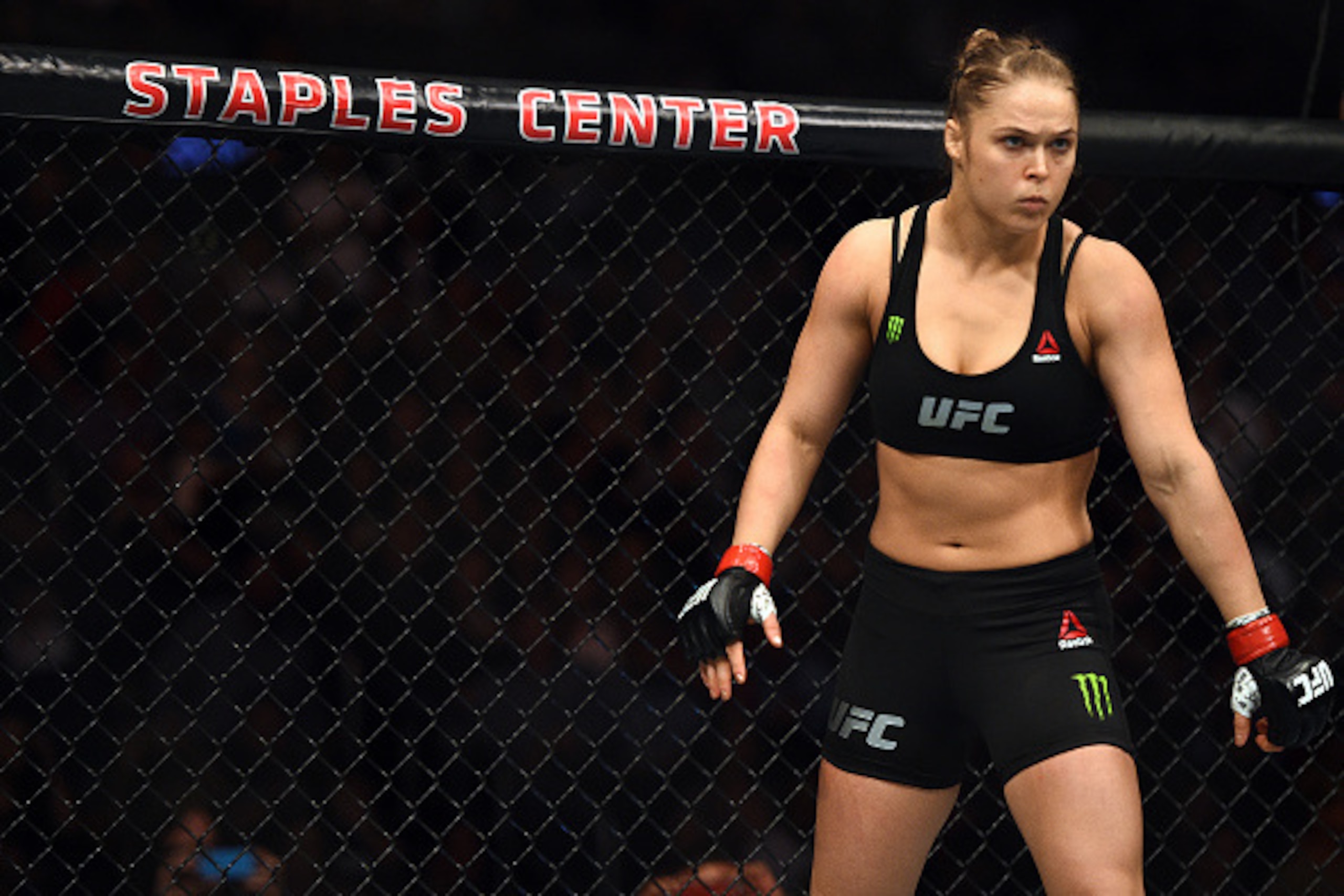 LOS ANGELES, CA - FEBRUARY 28:  Ronda Rousey stands in her corner before facing Cat Zingano in their UFC women's bantamweight championship bout during the UFC 184 event at the Staples Center on February 28, 2015 in Los Angeles, California. (Photo by Jeff 