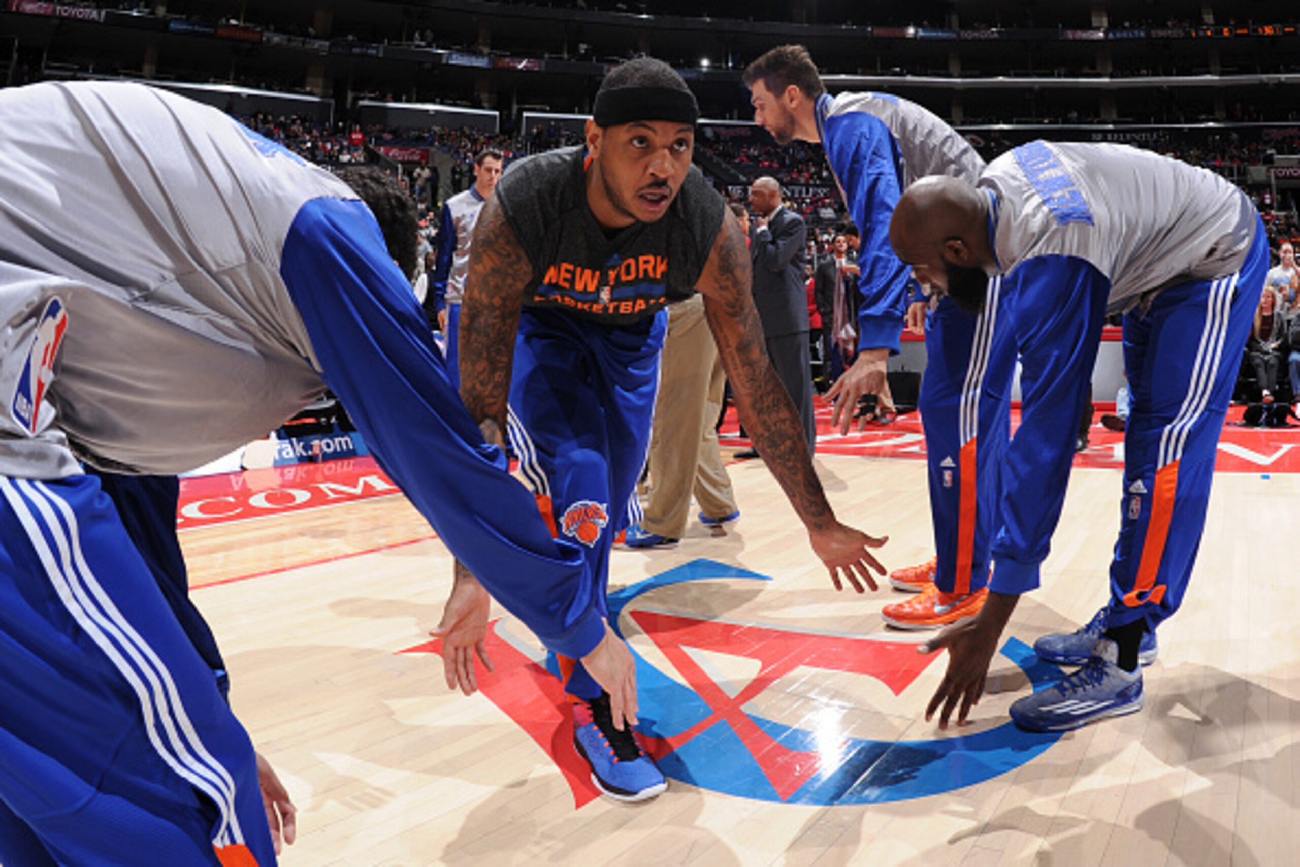 LOS ANGELES, CA - DECEMBER 31: Carmelo Anthony #7 of the New York Knicks gets introduced before a game against the Los Angeles Clippers at STAPLES Center on December 31, 2014 in Los Angeles, California. NOTE TO USER: User expressly acknowledges and agrees