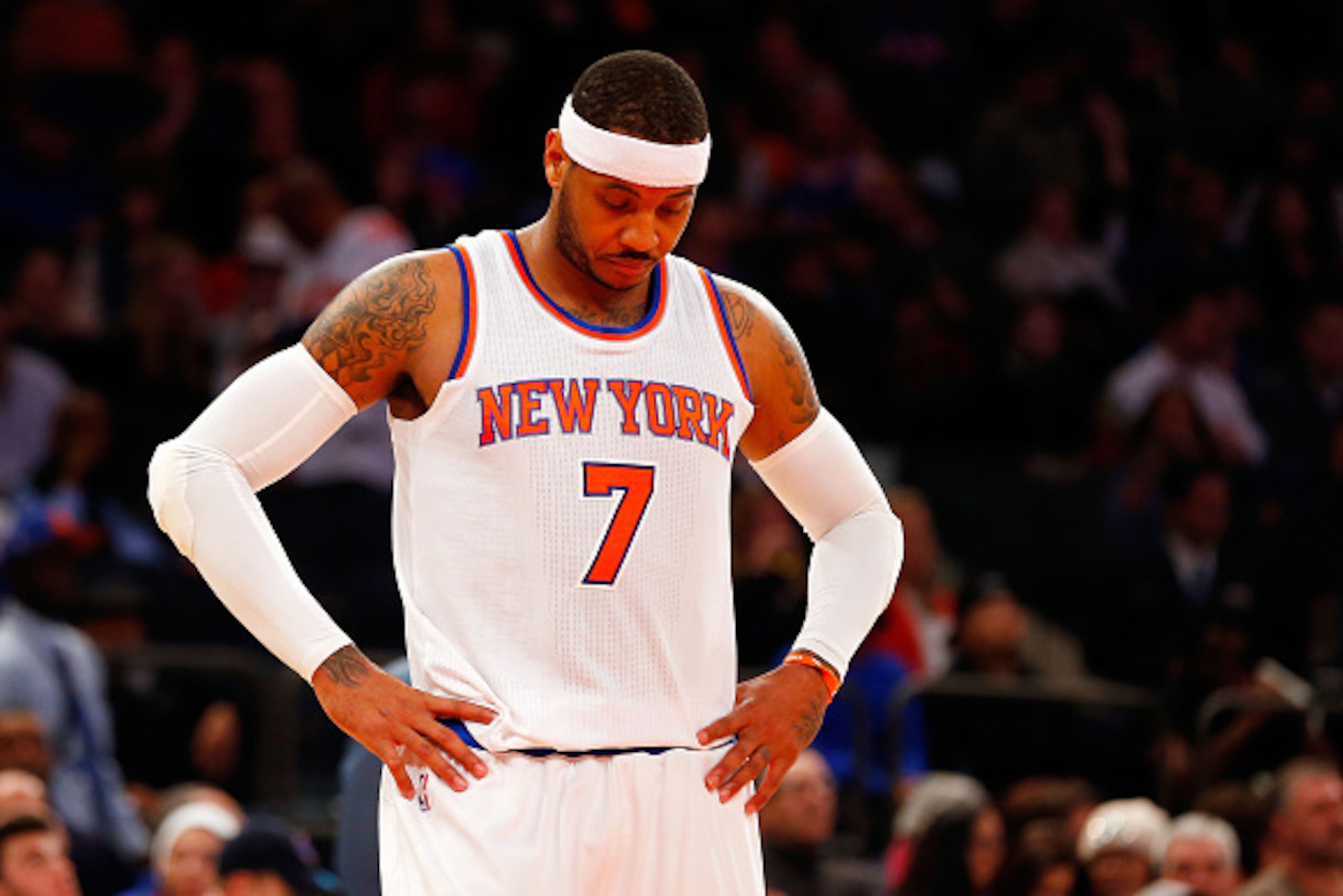 NEW YORK, NY - DECEMBER 07:  (NEW YORK DAILIES OUT)    Carmelo Anthony #7 of the New York Knicks looks on against the Portland Trail Blazers at Madison Square Garden on December 7, 2014 in New York City. The Trail Blazers defeated the Knicks 103-99. NOTE 