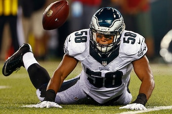 EAST RUTHERFORD, NJ - SEPTEMBER 03: Jordan Hicks #58 of the Philadelphia Eagles attempts to catch a deflected pass in the third quarter against the New York Jets during a pre-season game at MetLife Stadium on September 3, 2015 in East Rutherford, New Jers