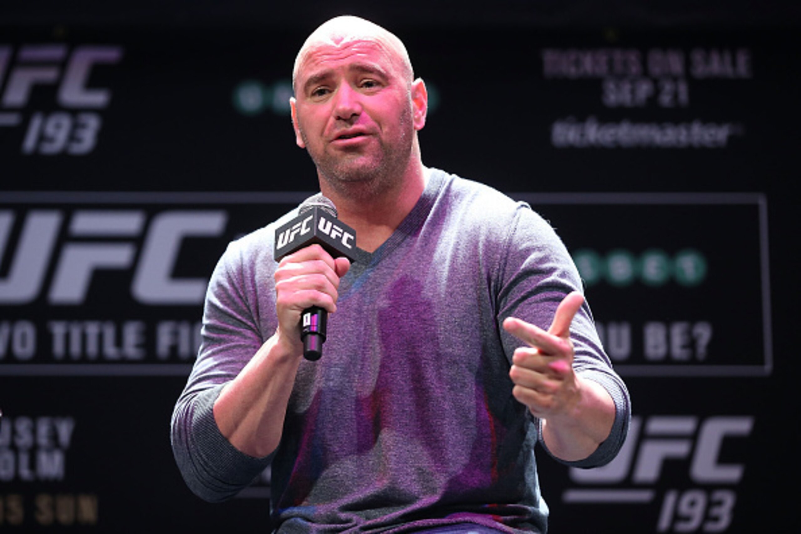 SYDNEY, AUSTRALIA - SEPTEMBER 17:  Dana White speaks during a UFC 193 Sydney Fan Event on September 17, 2015 in Sydney, Australia.  (Photo by Brendon Thorne/Zuffa LLC/Zuffa LLC via Getty Images)