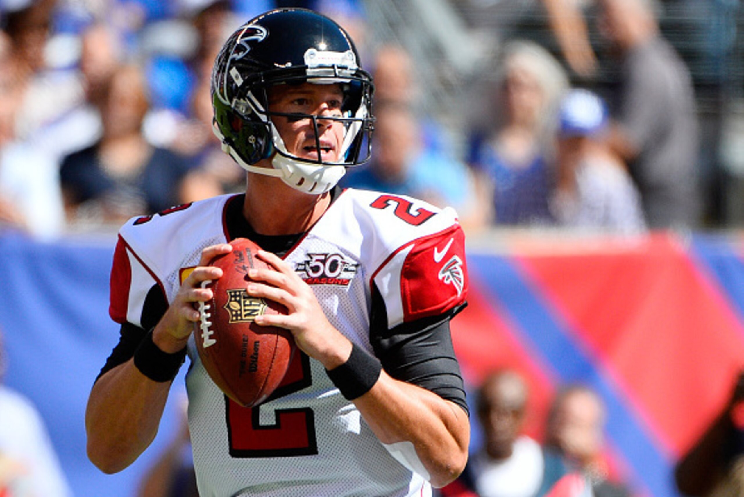 EAST RUTHERFORD, NJ - SEPTEMBER 20:  Matt Ryan #2 of the Atlanta Falcons steps back to pass in the first quarter against the New York Giants at MetLife Stadium on September 20, 2015 in East Rutherford, New Jersey.  (Photo by Alex Goodlett/Getty Images)