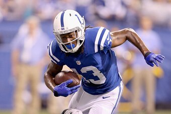 INDIANAPOLIS, IN - SEPTEMBER 21: T.Y Hilton #13  of the Indianapolis Colts runs the ball during the game against the New York Jets  at Lucas Oil Stadium on September 21, 2015 in Indianapolis, Indiana.  (Photo by Andy Lyons/Getty Images)