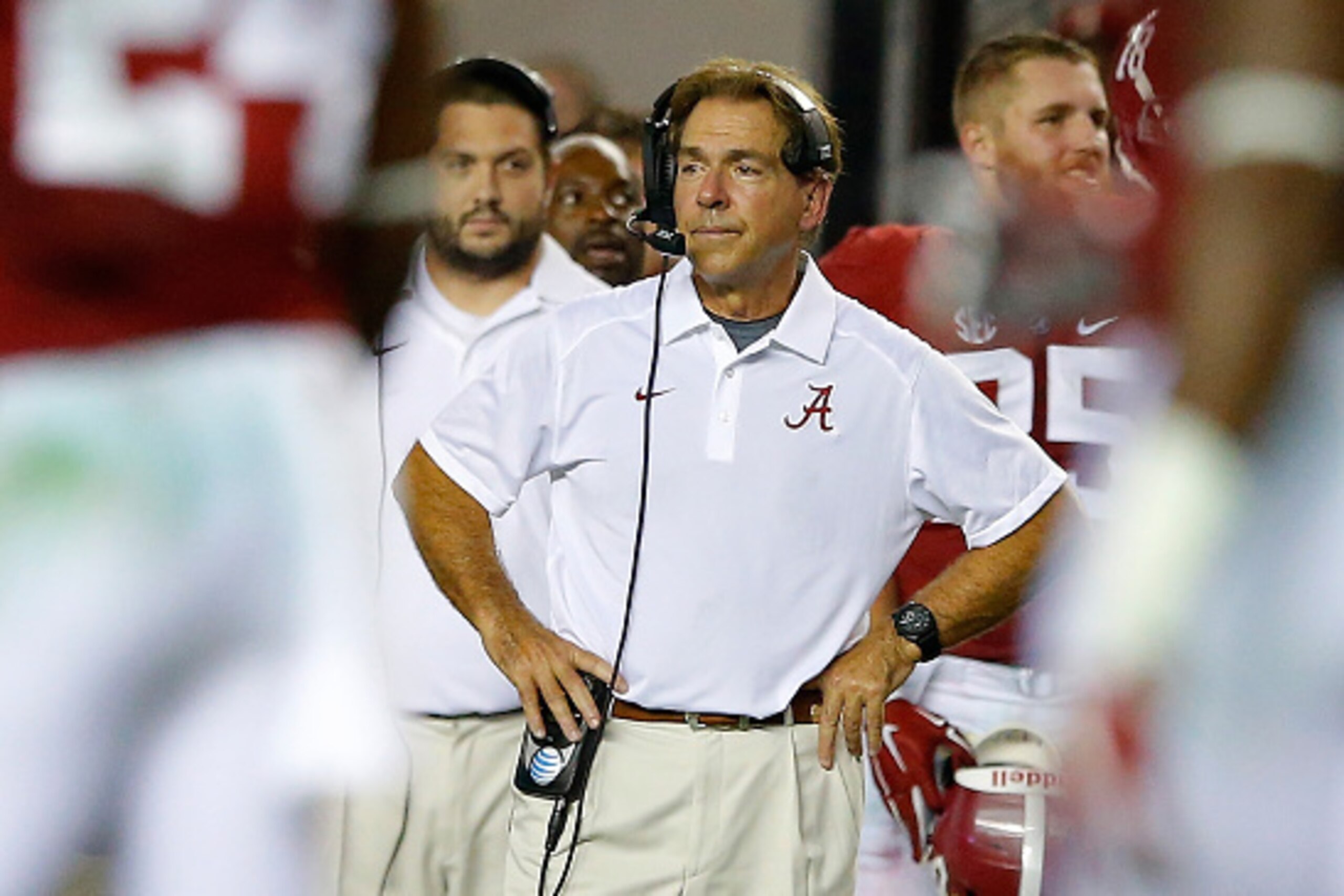 TUSCALOOSA, AL - SEPTEMBER 19:  Head coach Nick Saban of the Alabama Crimson Tide reacts in the final minutes of their 43-37 loss to the Mississippi Rebels at Bryant-Denny Stadium on September 19, 2015 in Tuscaloosa, Alabama.  (Photo by Kevin C. Cox/Getty