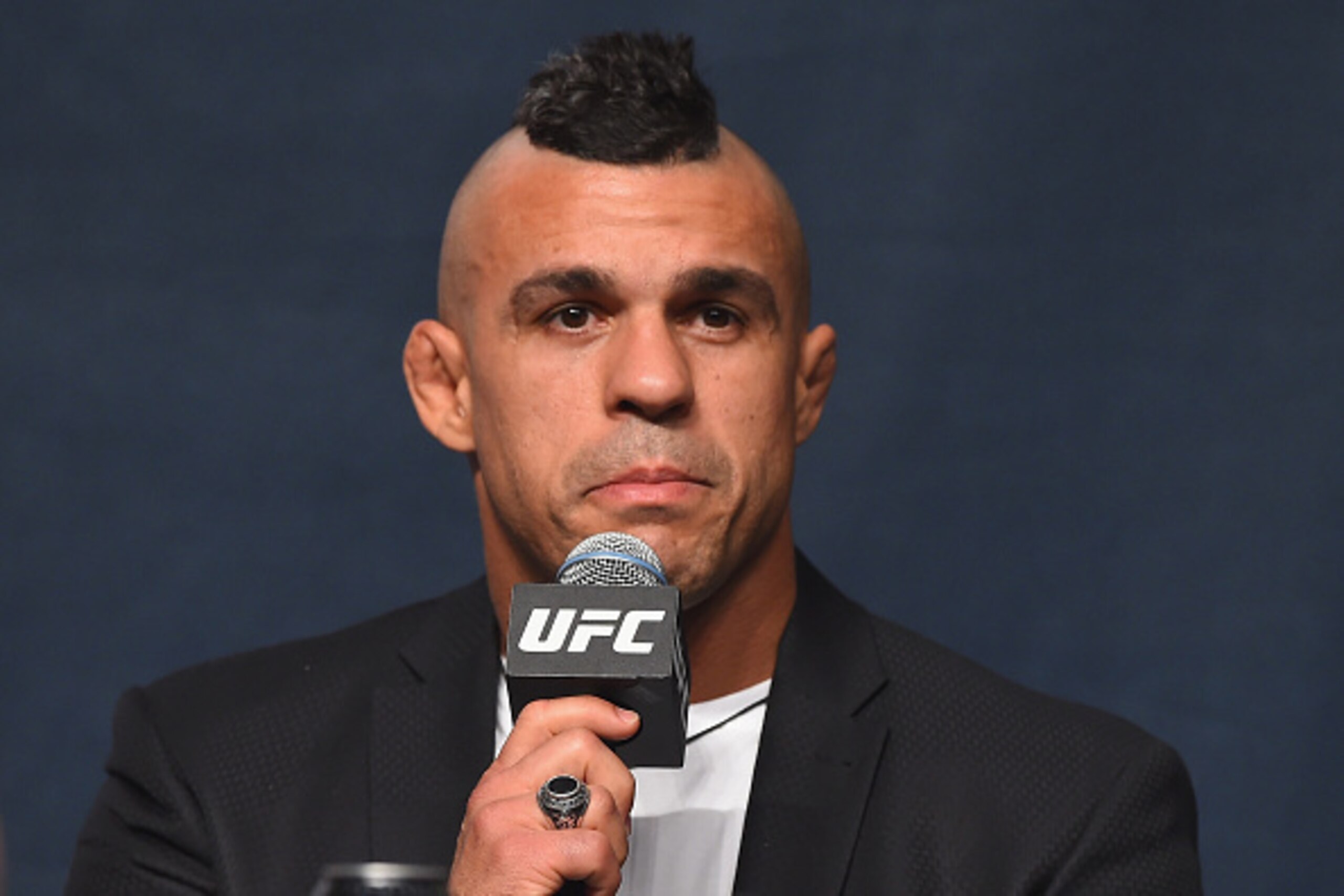 LAS VEGAS, NV - SEPTEMBER 04:  Vitor Belfort speaks to the media and fans during the UFC's Go Big launch event inside MGM Grand Garden Arena on September 4, 2015 in Las Vegas, Nevada.  (Photo by Josh Hedges/Zuffa LLC/Zuffa LLC via Getty Images)