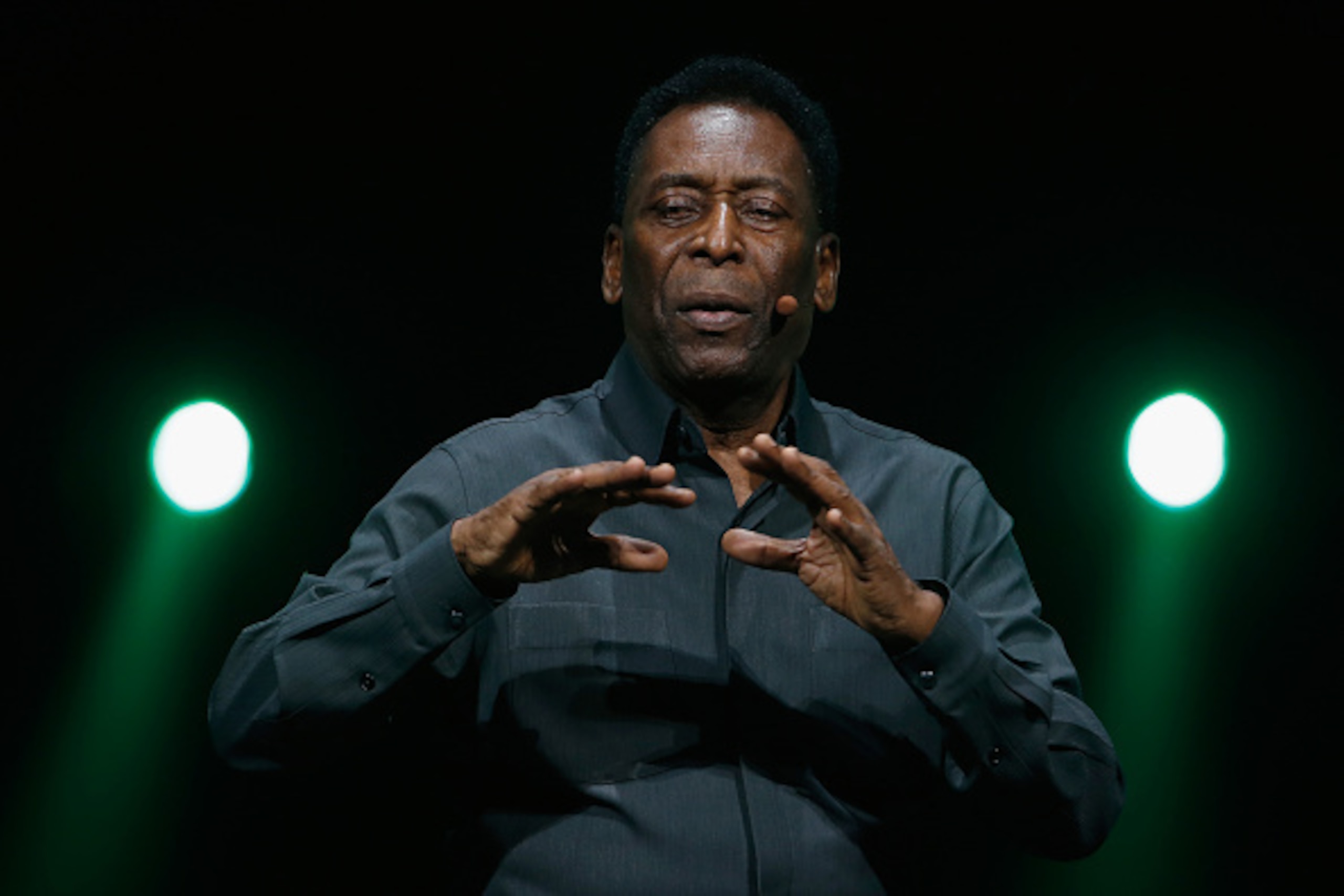 LOS ANGELES, CA - JUNE 15:  Retired Brazilian professional footballer Pele speaks during the Electronic Arts E3 press conference at the LA Sports Arena on June 15, 2015 in Los Angeles, California. The EA press conference is held in conjunction with the an