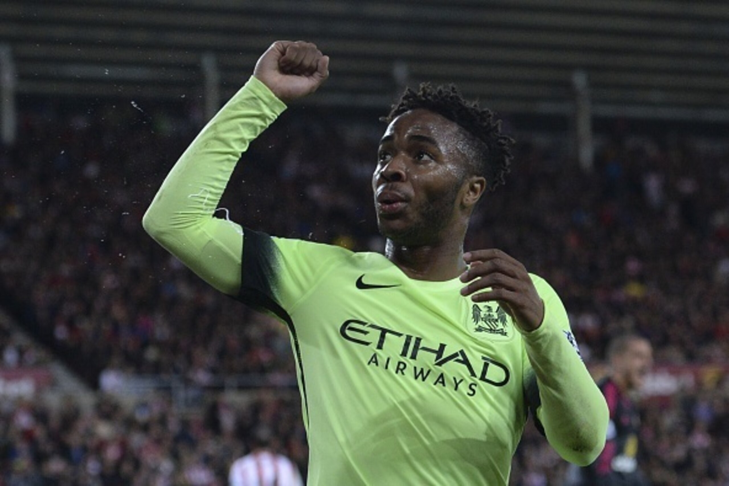Manchester City's English midfielder Raheem Sterling celebrates scoring their fourth goal during the English League Cup third round football match between Sunderland and Manchester City at the Stadium of Light in Sunderland, northest England, on September Manchester City's English midfielder Raheem Sterling celebrates scoring their fourth goal during the English League Cup third round football match between Sunderland and Manchester City at the Stadium of Light in Sunderland, northest England, on September
