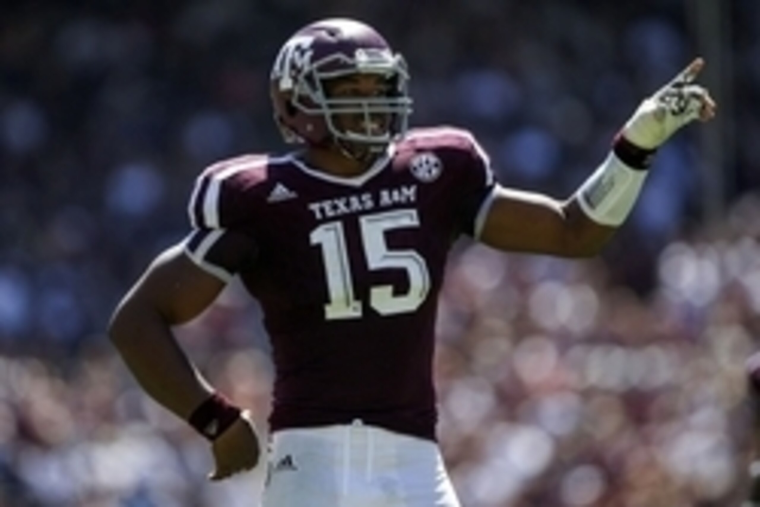Sep 19, 2015; College Station, TX, USA; Texas A&M Aggies defensive lineman Myles Garrett (15) reacts after a play during the second quarter against the Nevada Wolf Pack at Kyle Field. Mandatory Credit: Troy Taormina-USA TODAY Sports