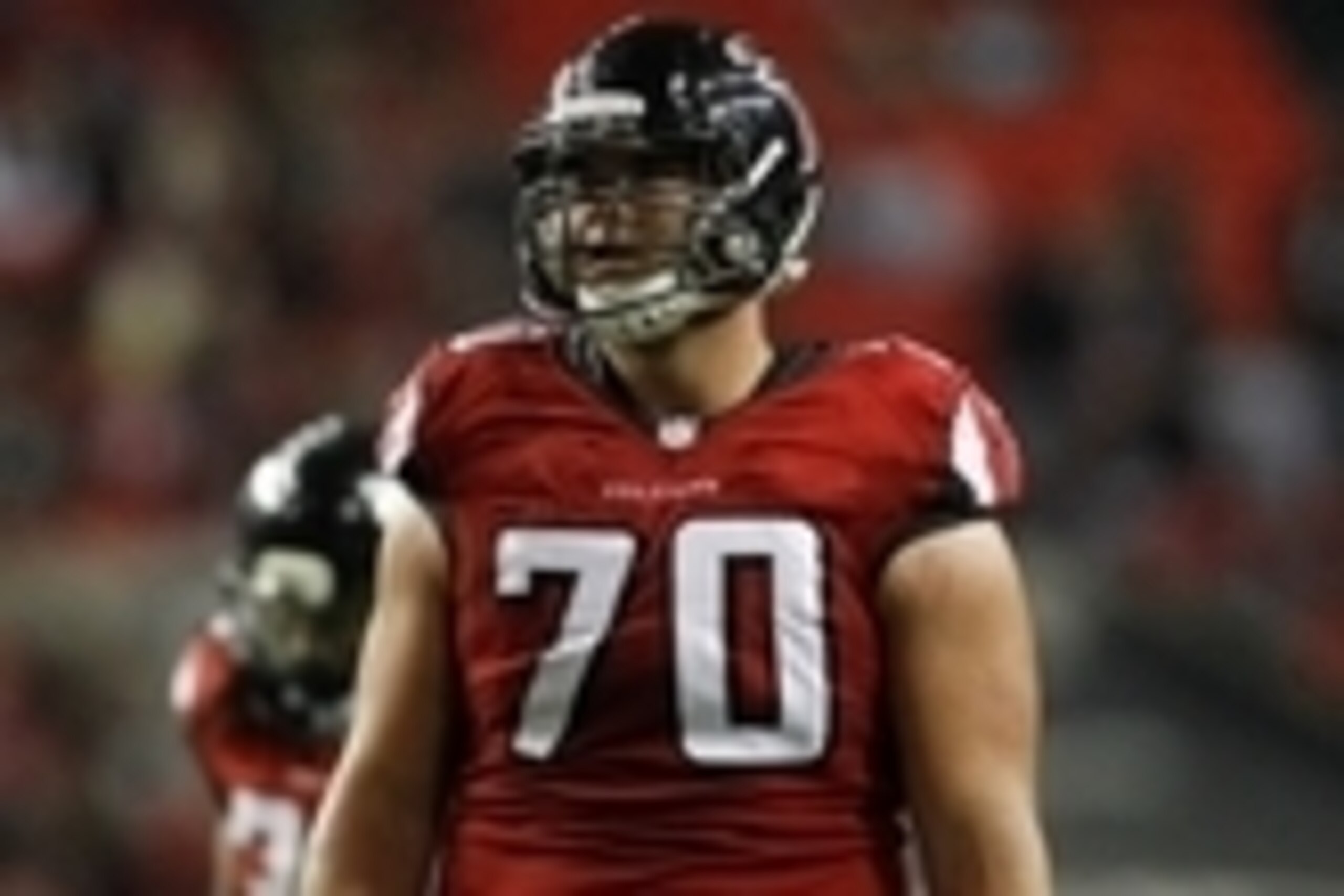 Nov 30, 2014; Atlanta, GA, USA; Atlanta Falcons tackle Jake Matthews (70) in action against the Arizona Cardinals in the fourth quarter at the Georgia Dome. The Falcons defeated the Cardinals 29-18. Mandatory Credit: Brett Davis-USA TODAY Sports