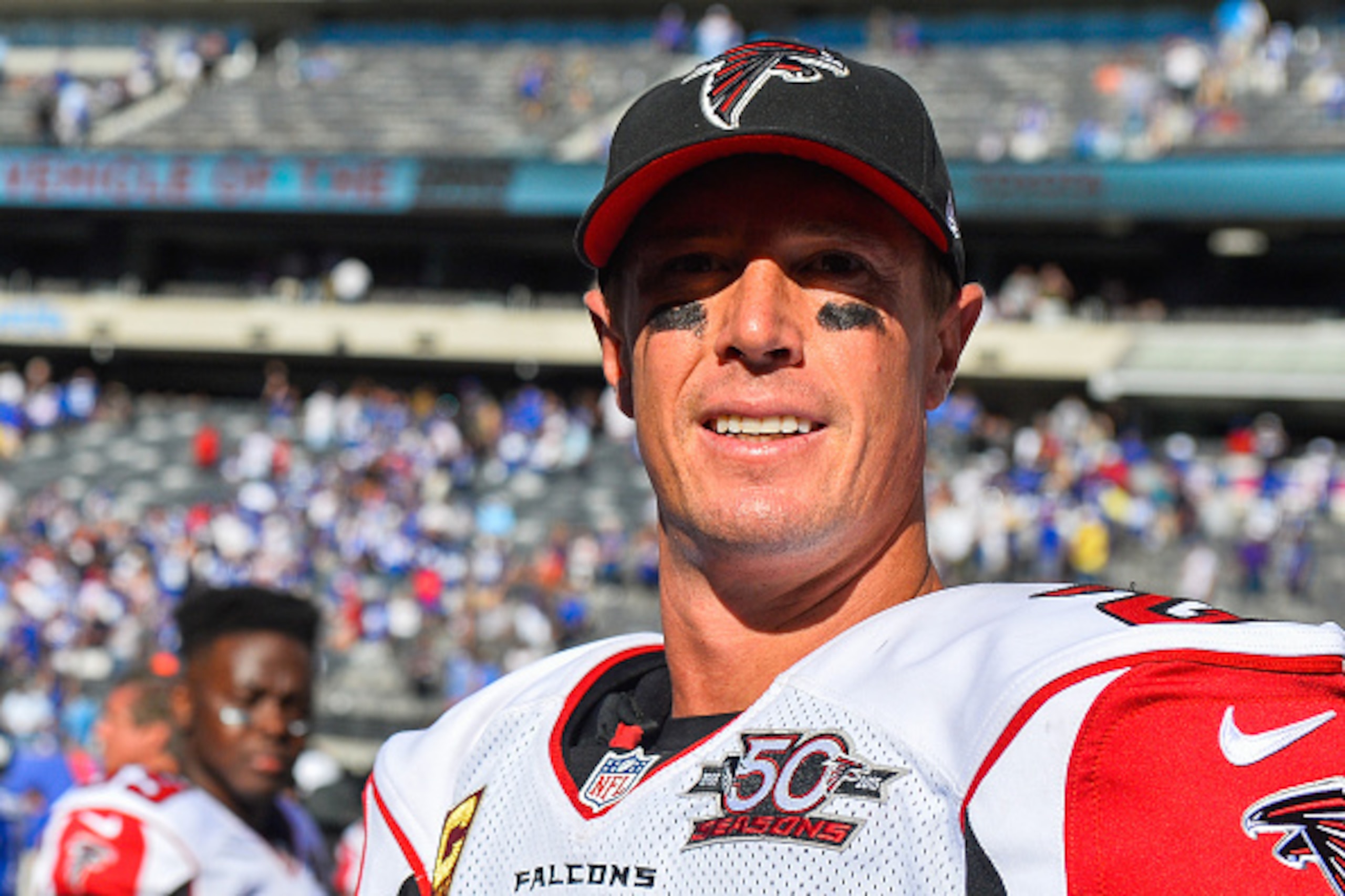 EAST RUTHERFORD, NJ - SEPTEMBER 20: Matt Ryan #2 of the Atlanta Falcons looks on after a game against the New York Giants at MetLife Stadium on September 20, 2015 in East Rutherford, New Jersey.  (Photo by Alex Goodlett/Getty Images)