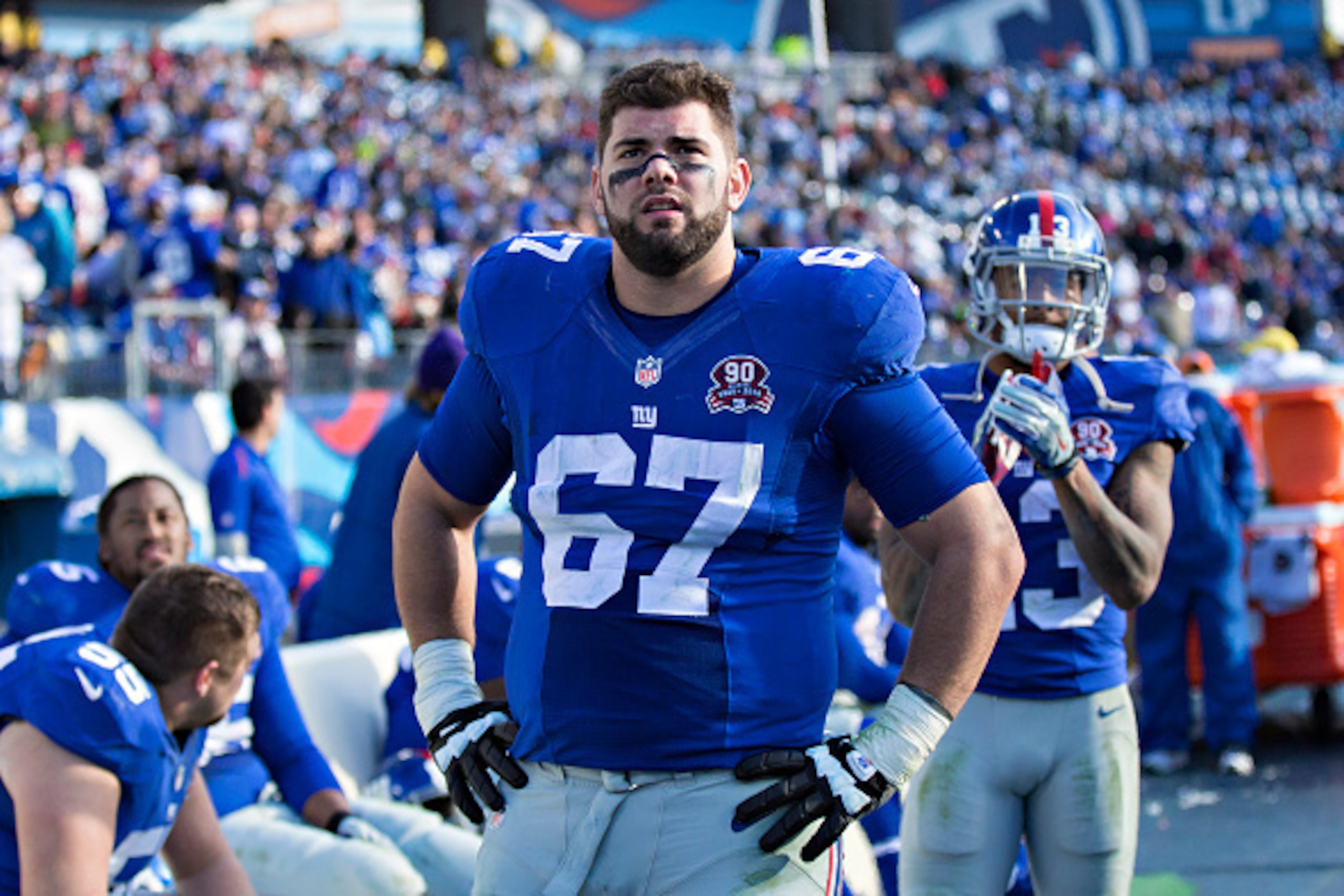 NASHVILLE, TN - DECEMBER 7:  Justin Pugh #67 of the New York Giants watches a replay during a game against the Tennessee Titans at LP Field on December 7, 2014 in Nashville, Tennessee.  The Giants defeated the Titans 36-7.  (Photo by Wesley Hitt/Getty Ima