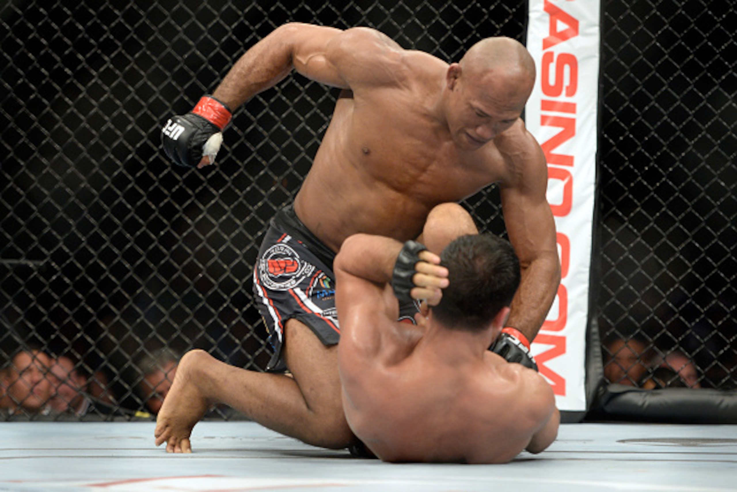 MASHANTUCKET, CT - SEPTEMBER 5:  (L-R) Ronald 'Jacare' Souza punches Gegard Mousasi in their middleweight fight during the UFC Fight Night event inside the Grand Theatre at Foxwoods Resort Casino on September 5, 2014 in Mashantucket, Connecticut. (Photo b