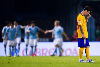 VIGO, SPAIN - SEPTEMBER 23:  Lionel Messi of FC Barcelona looks dejected after Iago Aspas of Celta Vigo scored his team's fourth goal during the La Liga match between Celta Vigo and FC Barcelona at Estadio Balaidos on September 23, 2015 in Vigo, Spain.  (