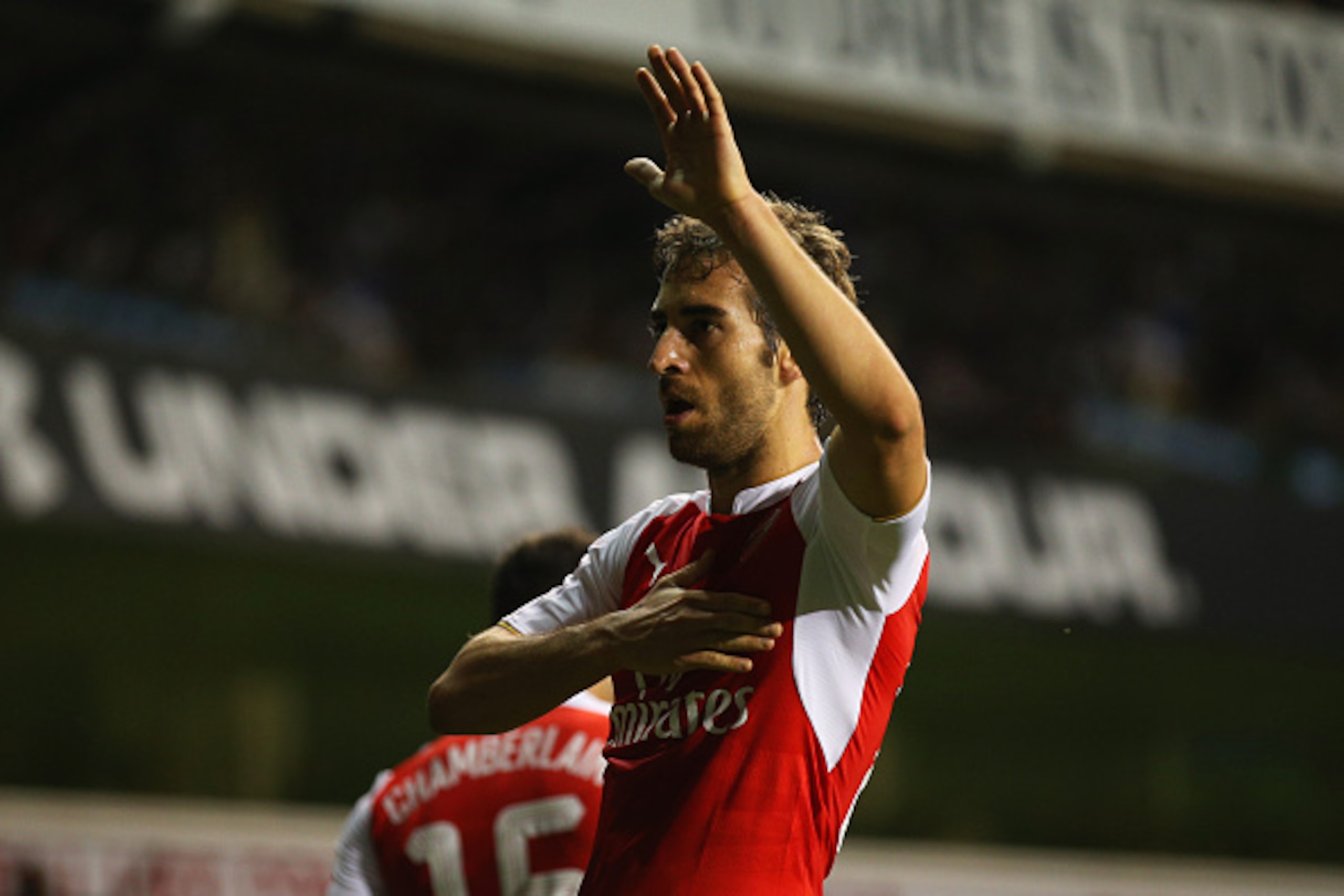 LONDON, ENGLAND - SEPTEMBER 23:  Mathieu Flamini of Arsenal celebrates as he scores their second goal during the Capital One Cup third round match between Tottenham Hotspur and Arsenal at White Hart Lane on September 23, 2015 in London, England.  (Photo b