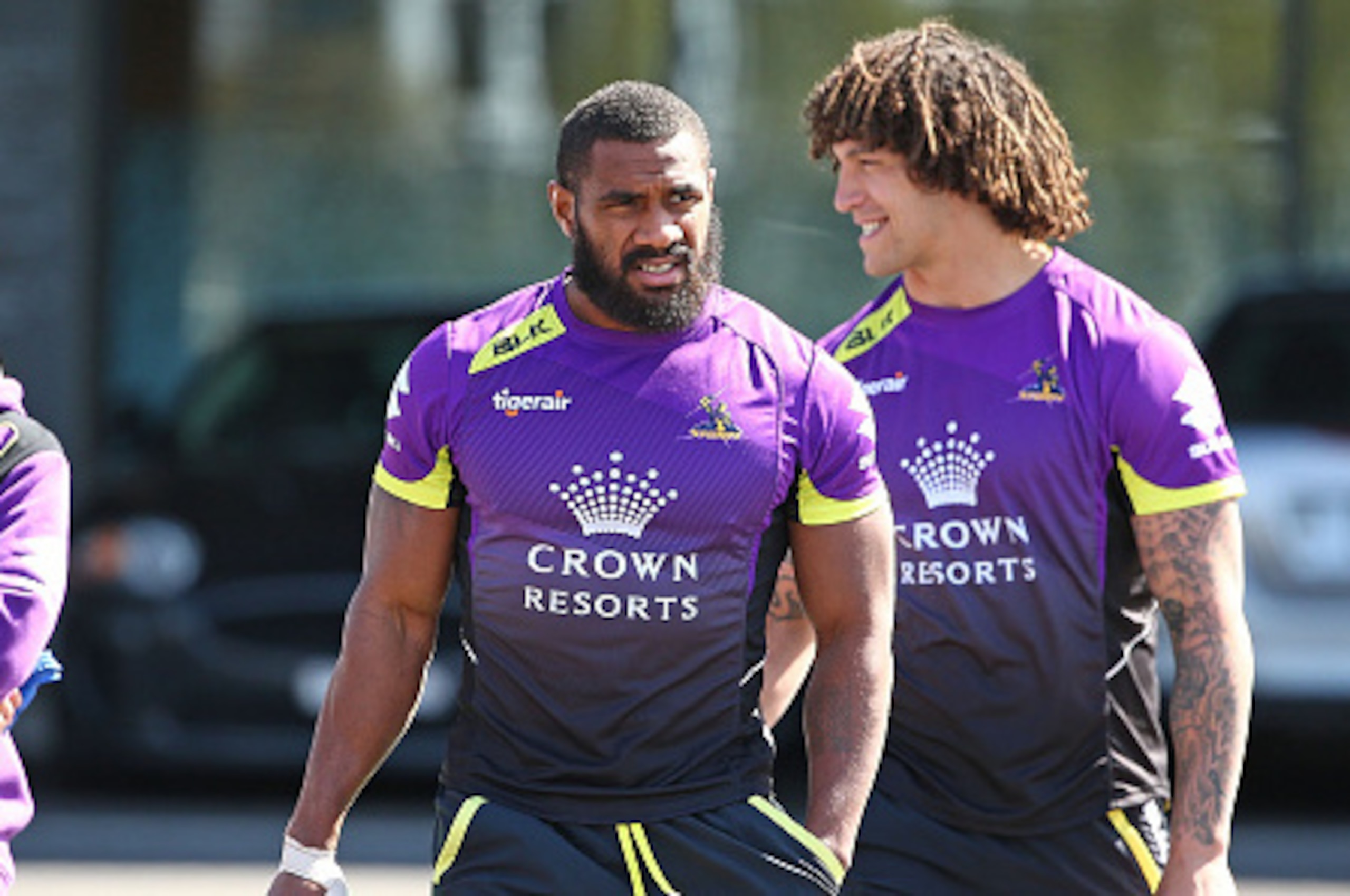 MELBOURNE, AUSTRALIA - SEPTEMBER 23:  Marika Koroibete of the Storm arrives at training to perform a fitness test during a Melbourne Storm NRL training session at AAMI Park on September 23, 2015 in Melbourne, Australia.  (Photo by Scott Barbour/Getty Imag