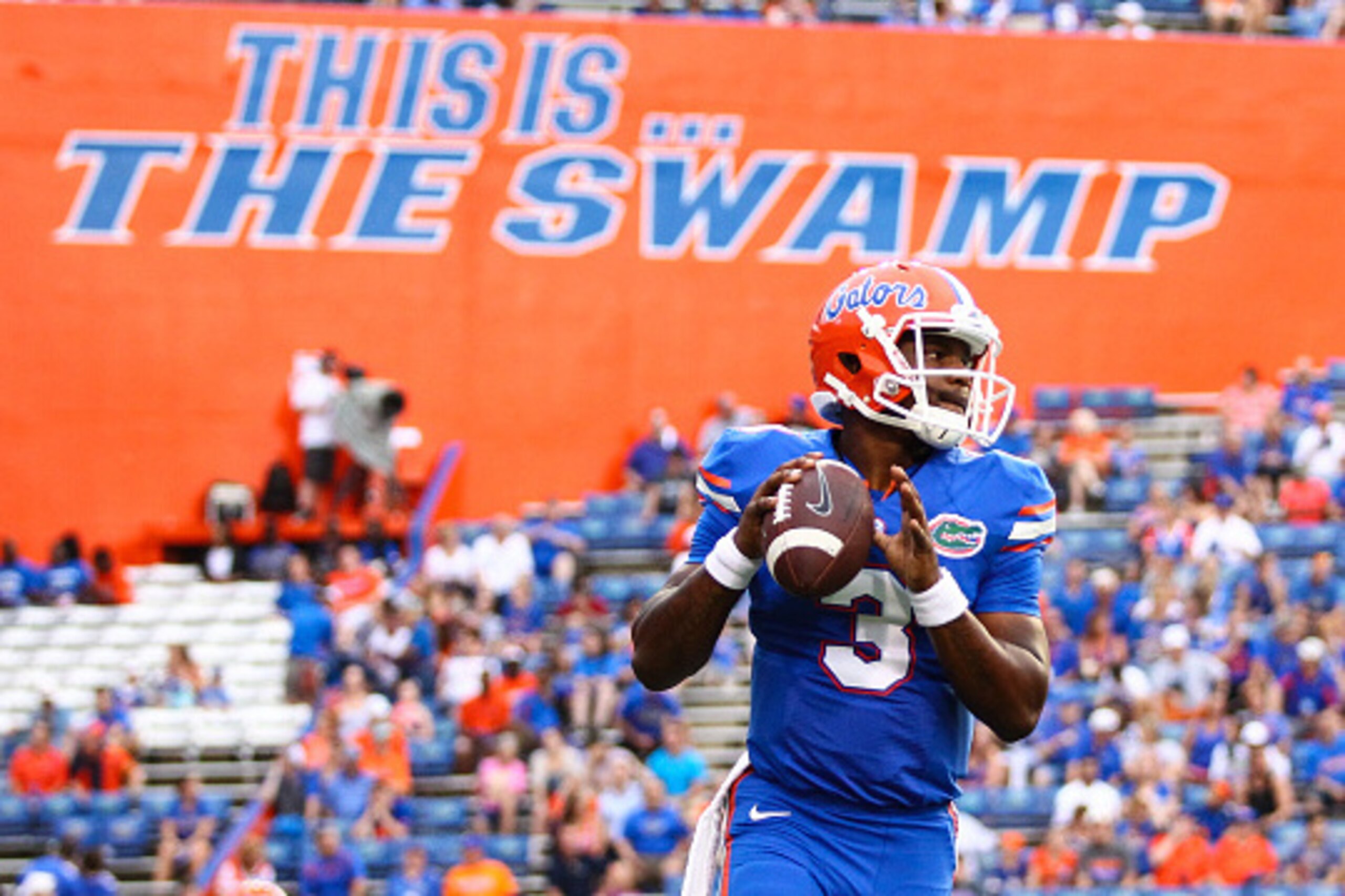 GAINESVILLE, FL - SEPTEMBER 05: Quarterback Treon Harris #3 of the Florida Gators warms up prior to the start of the game against the New Mexico State Aggies at Ben Hill Griffin Stadium on September 5, 2015 in Gainesville, Florida.  (Photo by Rob Foldy/Ge