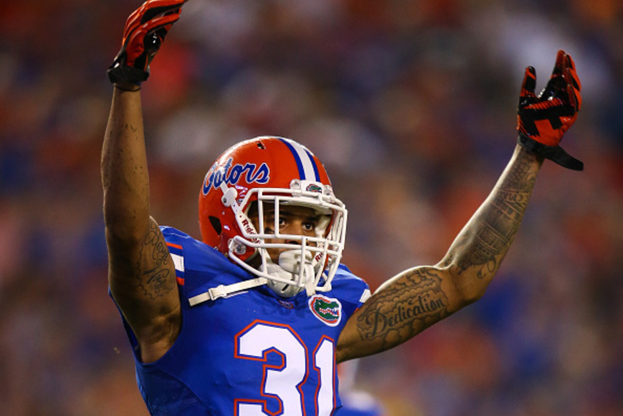 GAINESVILLE, FL - SEPTEMBER 05: Defensive back Jalen Tabor #31 of the Florida Gators signals to the crowd during the game against the New Mexico State Aggies at Ben Hill Griffin Stadium on September 5, 2015 in Gainesville, Florida.  (Photo by Rob Foldy/Ge