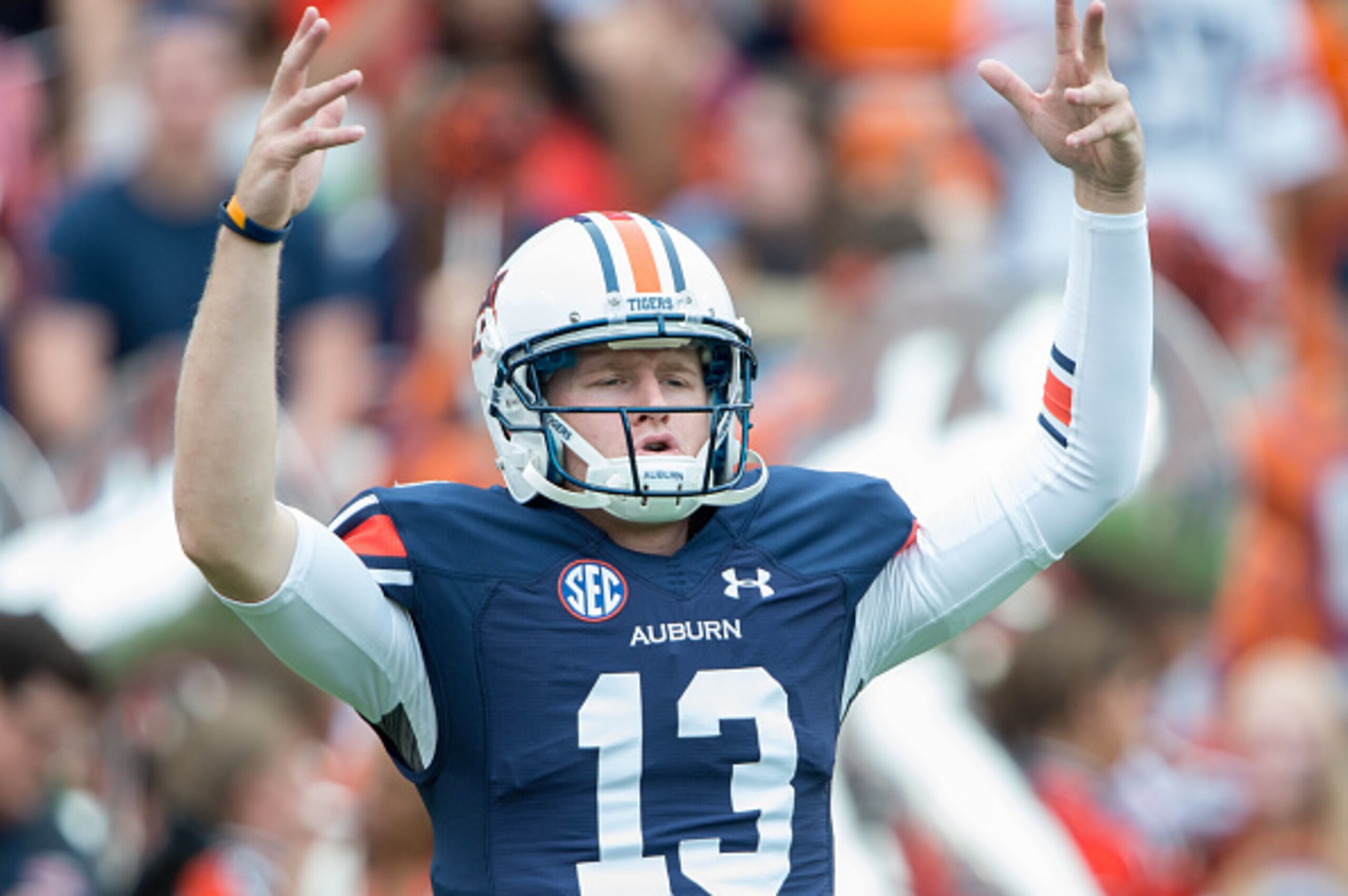 AUBURN, AL - SEPTEMBER 12: Quarterback Sean White #13 of the Auburn Tigers prior to their game against the Jacksonville State Gamecocks on September 12, 2015 at Jordan-Hare Stadium in Auburn, Alabama. The Auburn Tigers defeated the Jacksonville State Game