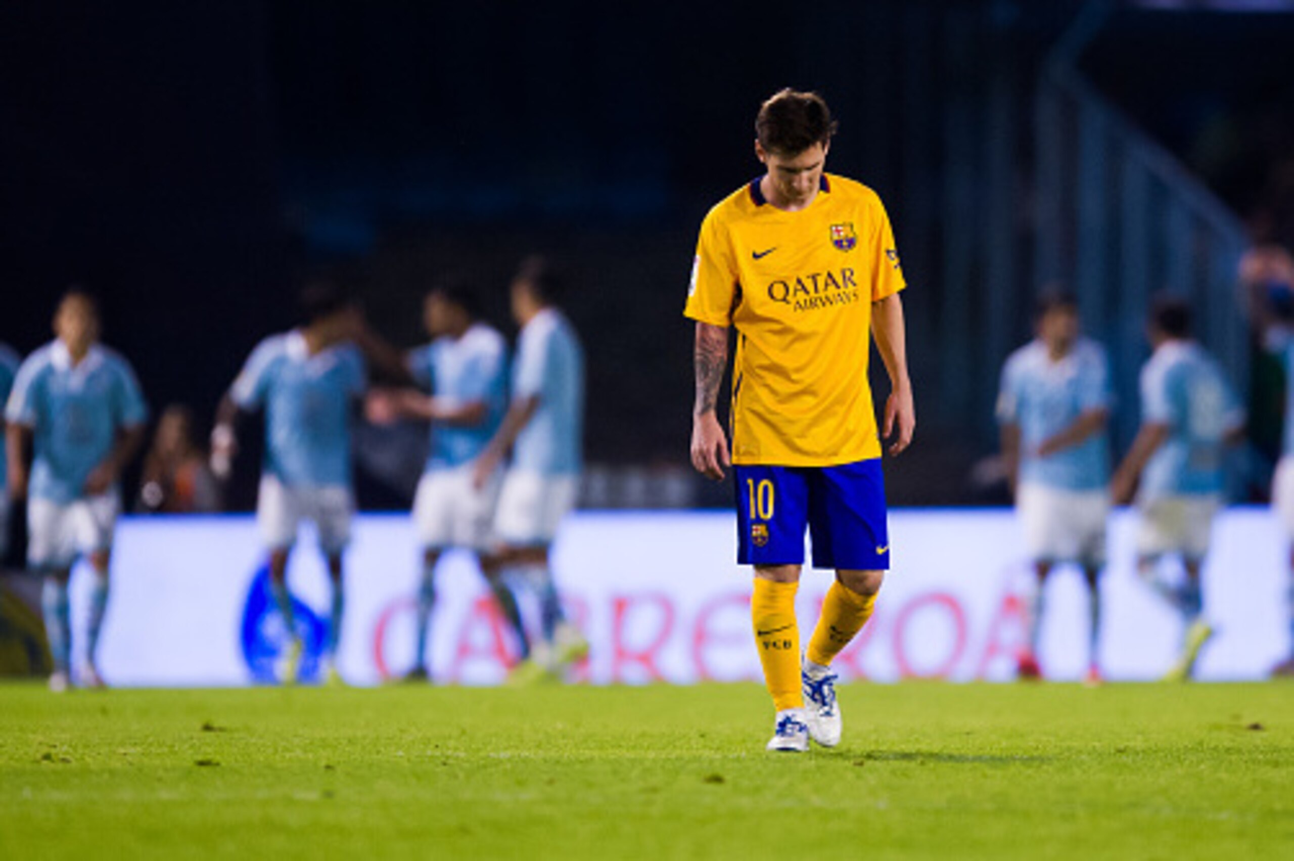 VIGO, SPAIN - SEPTEMBER 23: Lionel Messi of FC Barcelona looks dejected after Iago Aspas of Celta Vigo scored his team's fourth goal during the La Liga match between Celta Vigo and FC Barcelona at Estadio Balaidos on September 23, 2015 in Vigo, Spain. ( VIGO, SPAIN - SEPTEMBER 23: Lionel Messi of FC Barcelona looks dejected after Iago Aspas of Celta Vigo scored his team's fourth goal during the La Liga match between Celta Vigo and FC Barcelona at Estadio Balaidos on September 23, 2015 in Vigo, Spain. (