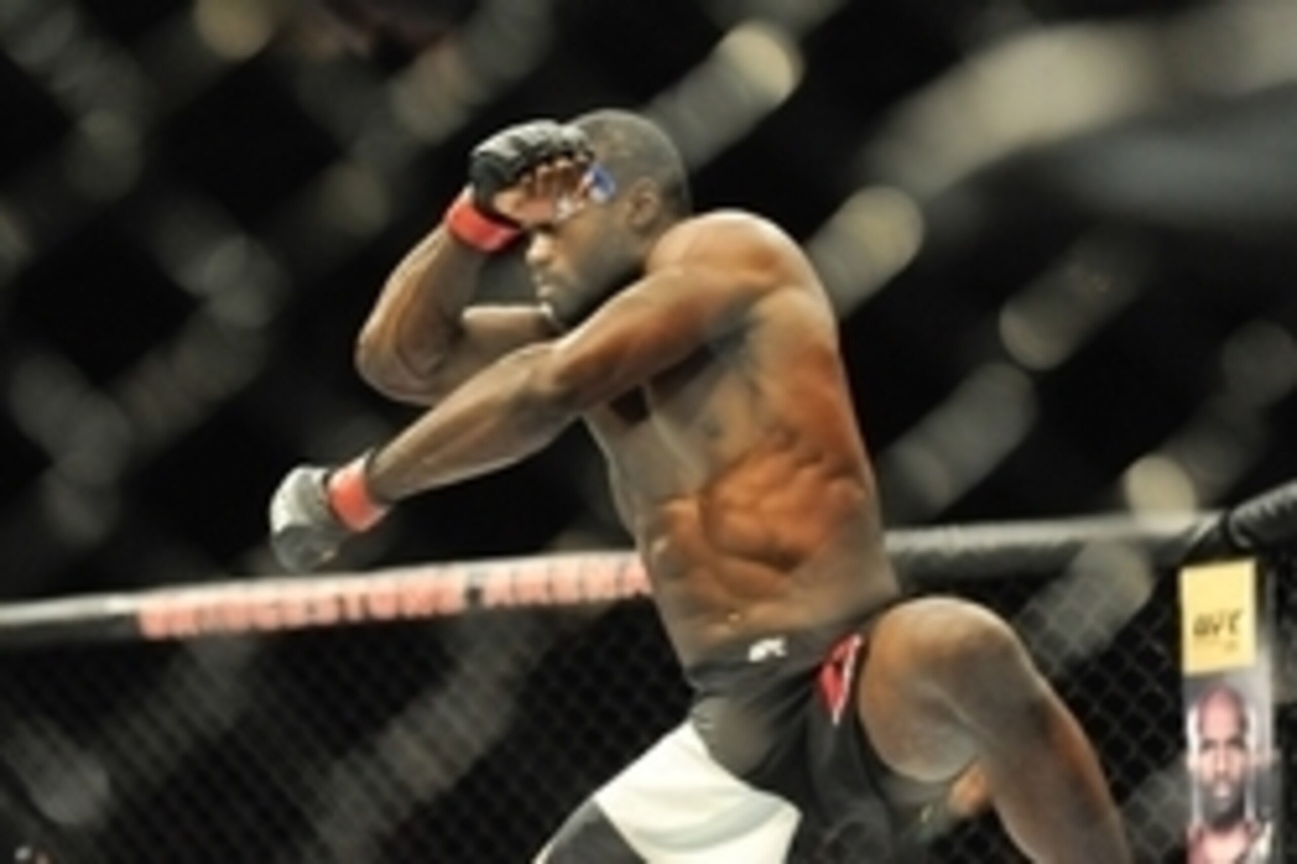 Aug 8, 2015; Nashville, TN, USA; Uriah Hall (red gloves) reacts to defeating Oluwale Bamgbose (not pictured) during UFC Fight Night at Bridgestone Arena. Mandatory Credit: Joshua Lindsey-USA TODAY Sports