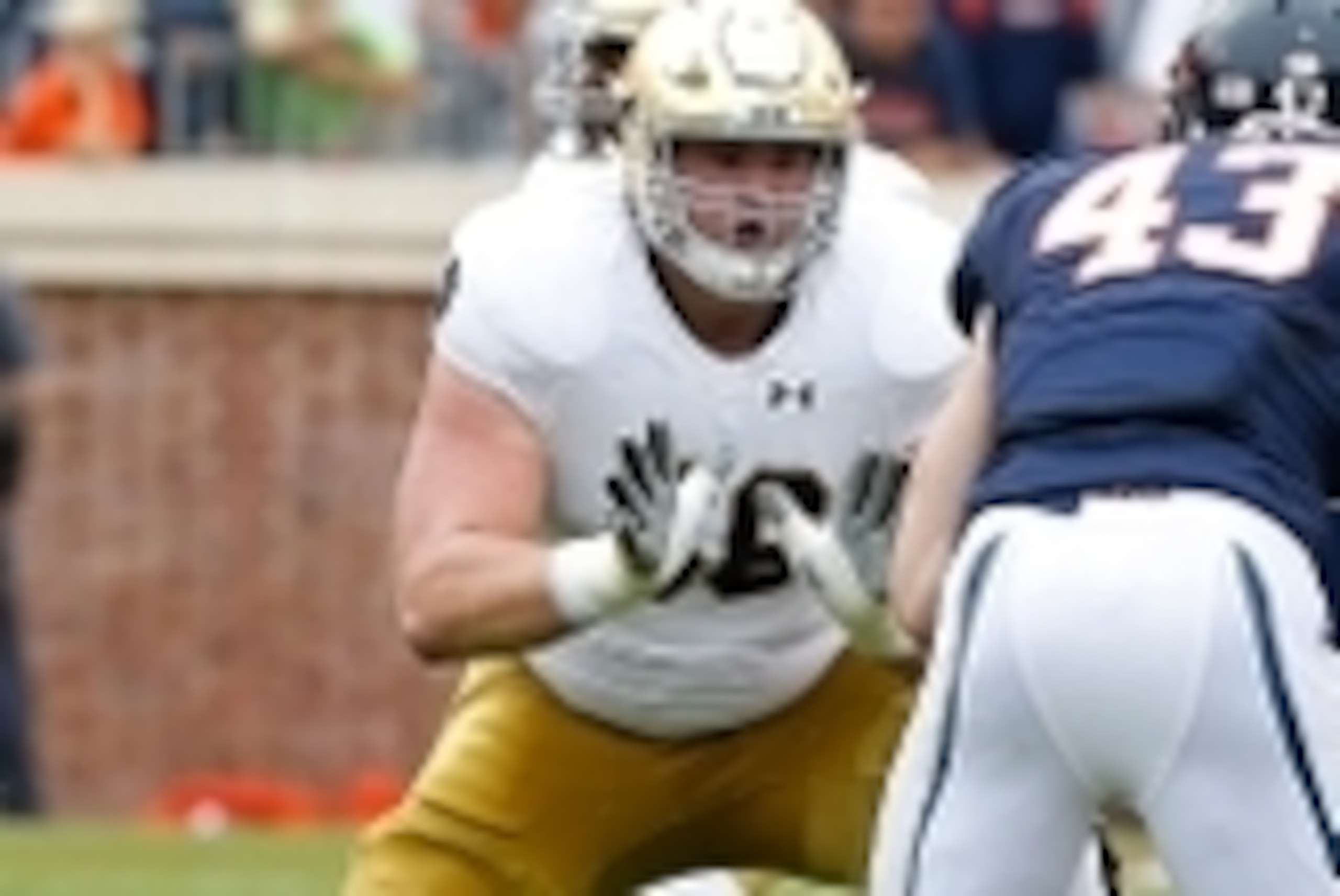 Sep 12, 2015; Charlottesville, VA, USA; Notre Dame Fighting Irish offensive lineman Quenton Nelson (56) blocks against the Virginia Cavaliers at Scott Stadium. Mandatory Credit: Geoff Burke-USA TODAY Sports