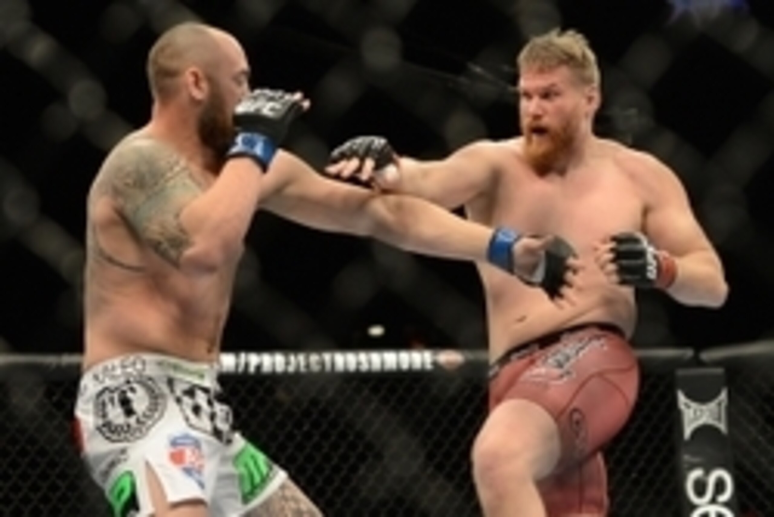 Dec 28, 2013; Las Vegas, NV, USA;    Josh Barnett (red gloves) and Travis Browne (blue gloves) during their UFC Heavyweight Bout at the MGM Grand Garden Arena. Browne won the fight. Mandatory Credit: Jayne Kamin-Oncea-USA TODAY Sports
