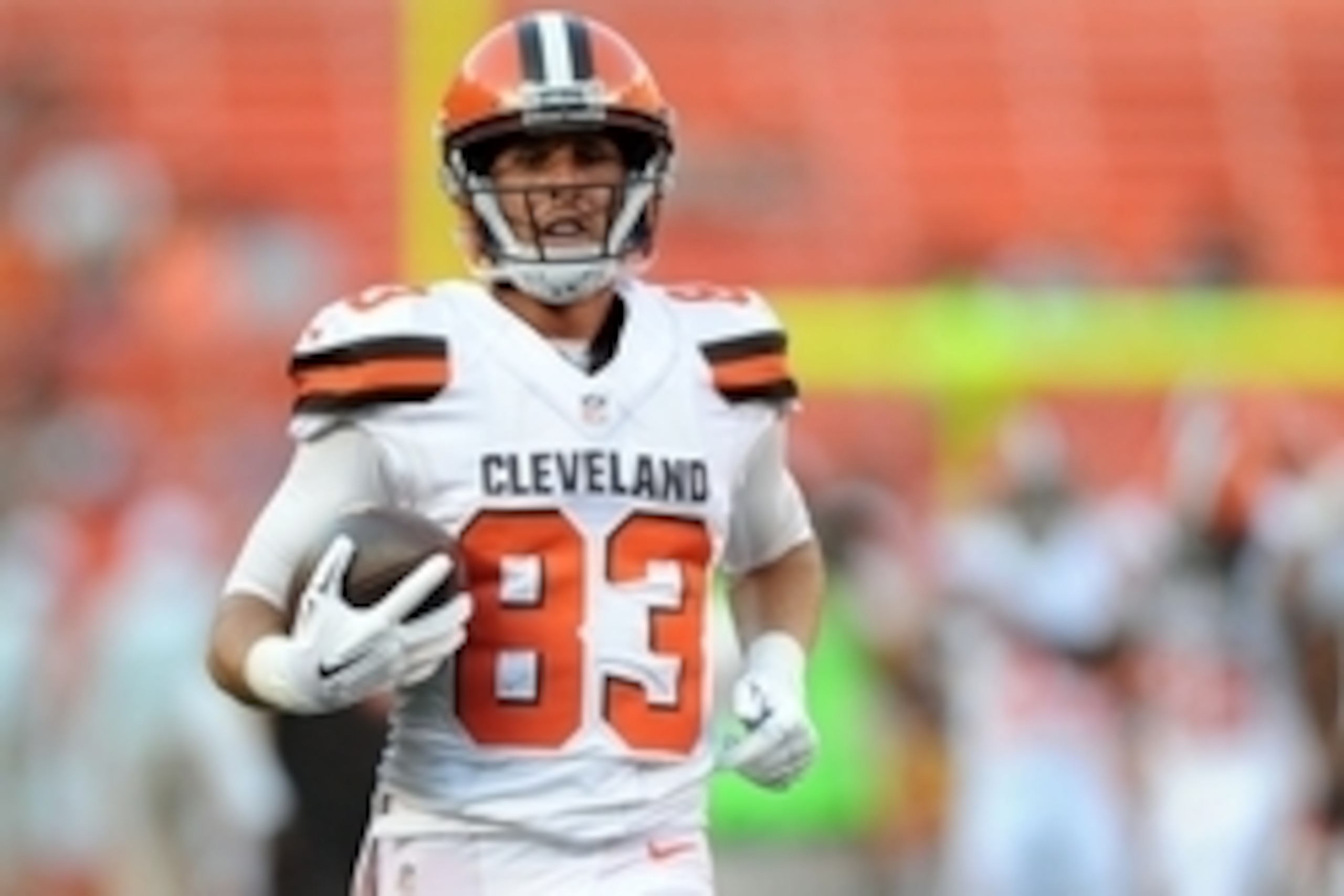 Aug 13, 2015; Cleveland, OH, USA; Cleveland Browns wide receiver Brian Hartline (83) warms up before a preseason NFL football game against the Washington Redskins at FirstEnergy Stadium. Mandatory Credit: Ken Blaze-USA TODAY Sports