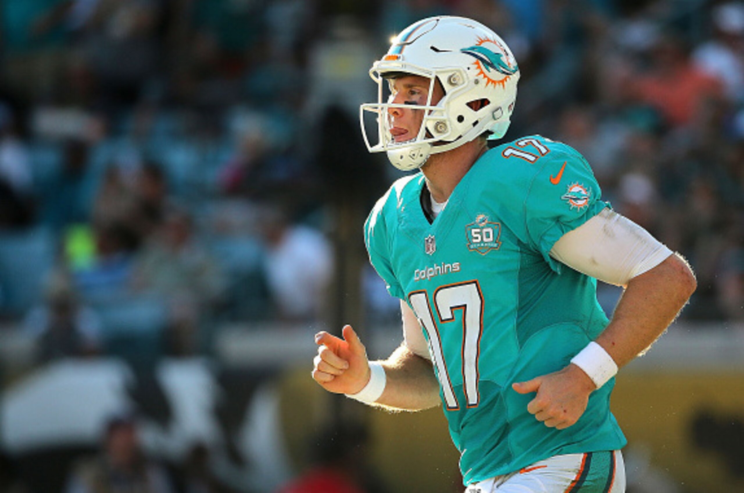 JACKSONVILLE, FL - SEPTEMBER 20:  Ryan Tannehill #17 of the Miami Dolphins looks on during a game against the Jacksonville Jaguars at EverBank Field on September 20, 2015 in Jacksonville, Florida.  (Photo by Mike Ehrmann/Getty Images)
